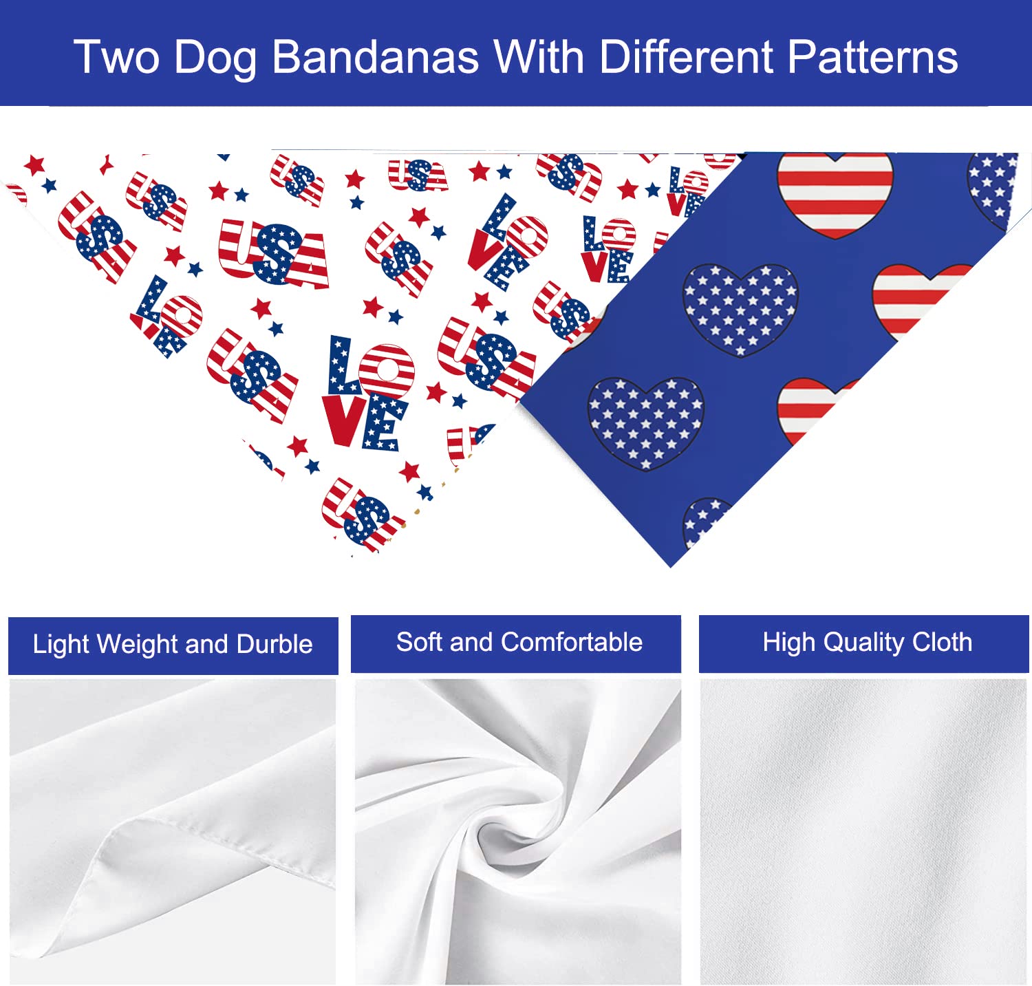 4Th Of July Dog Bandanas, 2 Pcs Memorial Day American Flag Dog Outfits Triangle Reversible Puppy Scarf Premium Durable Fabric, I