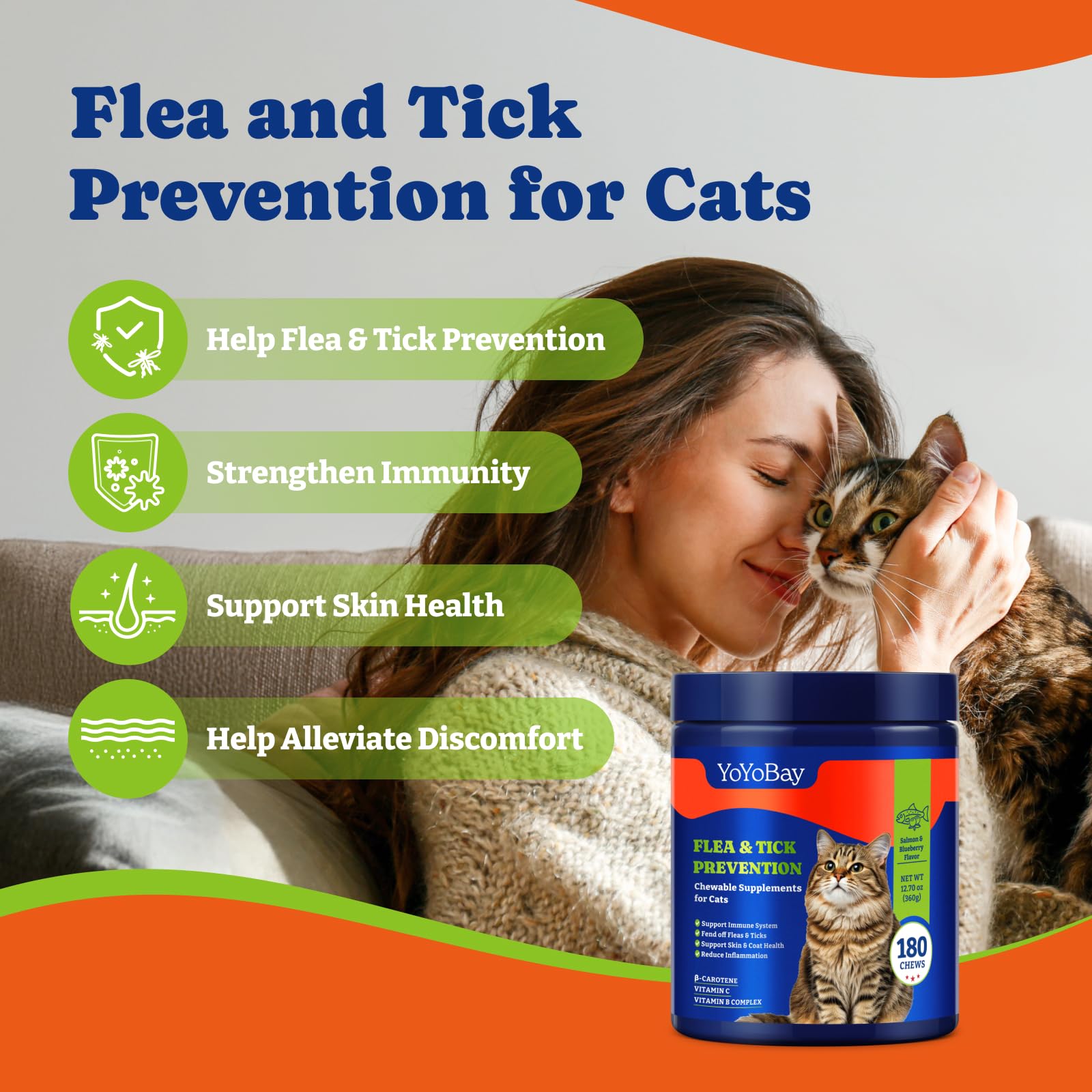 YoYoBay Flea Treatment for Cats - Salmon & Blueberry Flavor Cat Flea Treatment Chewable, Natural Flea and Tick Prevention for Ca