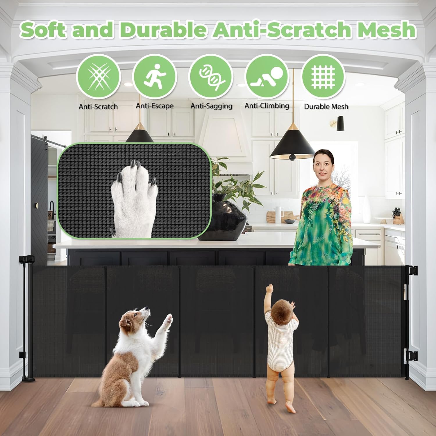 Reinforced 120 Inch Retractable Baby Gates Extra Wide Dog Gate with Support Rods - Prevent Crawling Under, 10 Feet Extra Long Ba