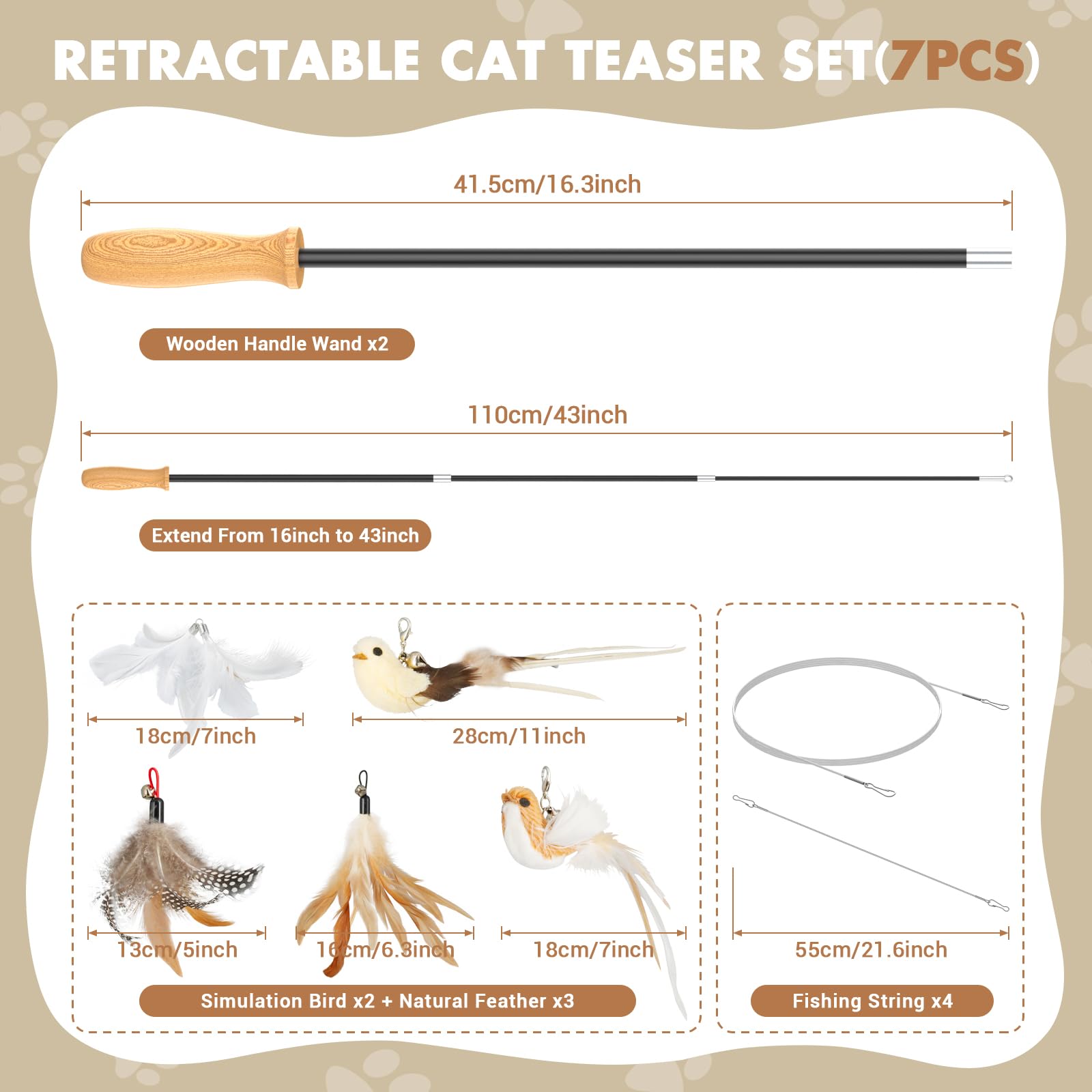 Rosaui Cat Teaser Wand Toys, Interactive Bird Toys For Indoor Kittens, 42.15 Long Cat Fishing Pole Toys, 2Pcs Wires And 5Pcs Nat