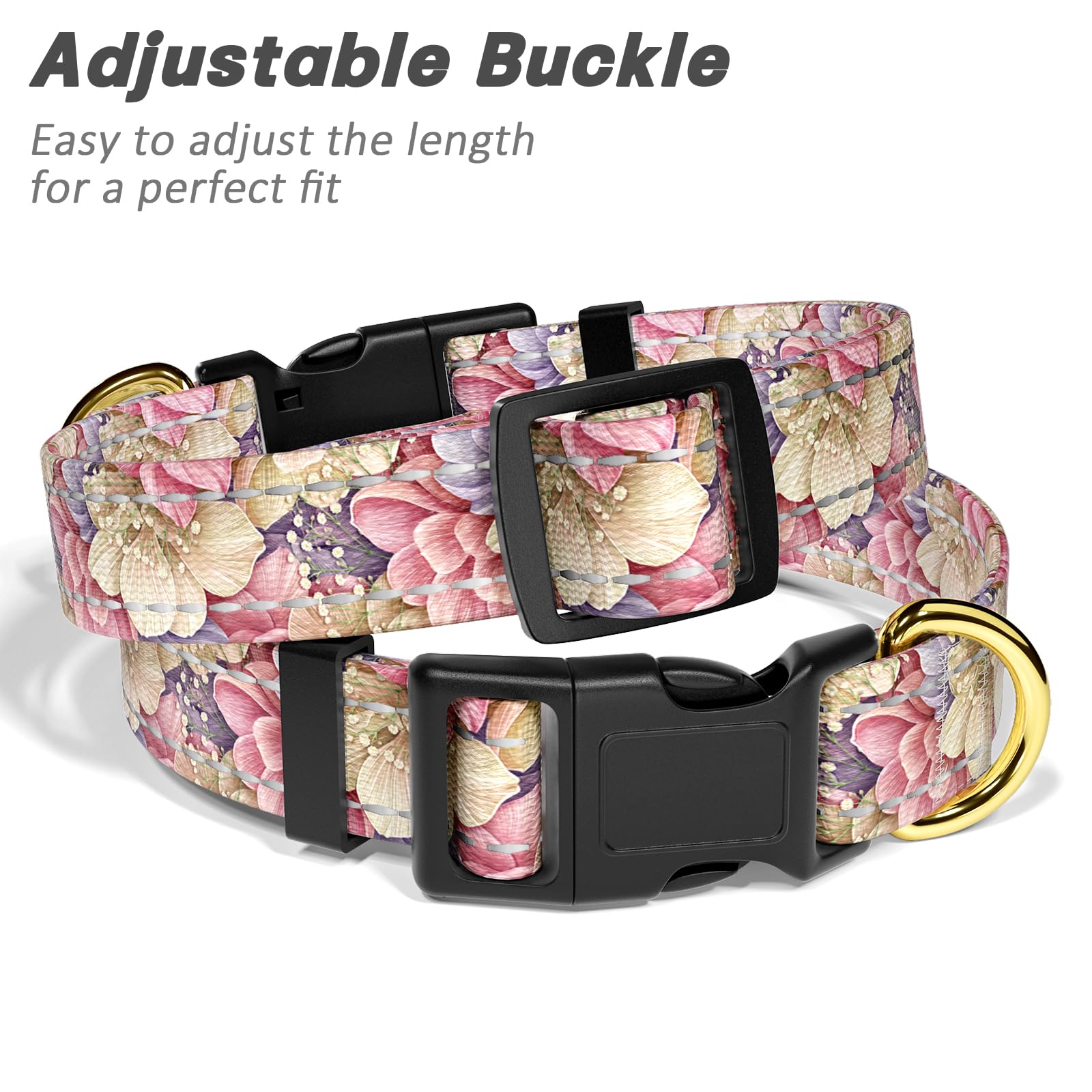 Tmoodel Reflective Dog Collar For Large Dogs, Cute Flower Theme Adjustable Heavy-Duty Nylon Puppy Collar For Boy And Girl Female