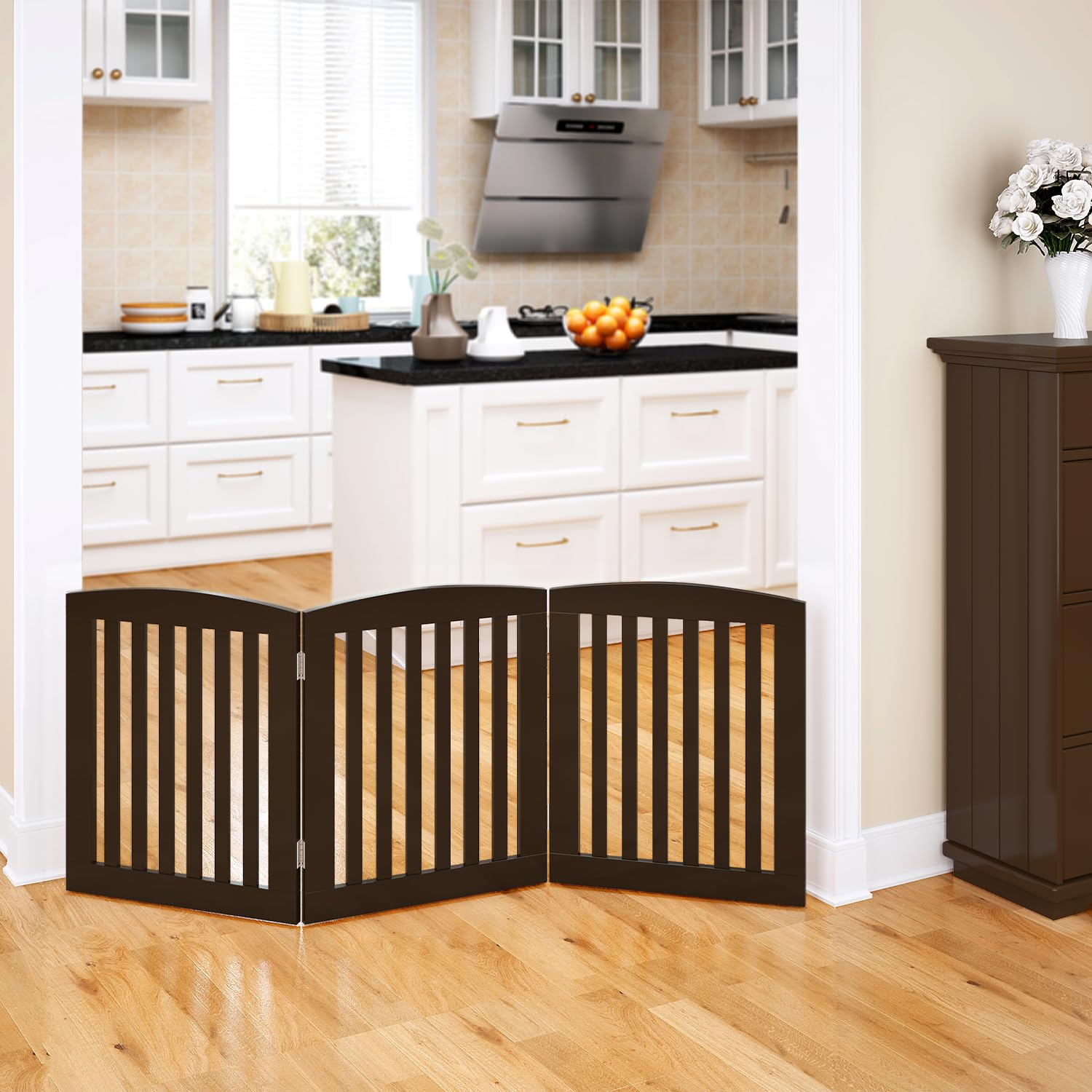 PAWLAND Wooden Freestanding Foldable Pet Gate for Dogs, 24 inch 3 Panels Step Over Fence, Dog Gate for The House, Doorway, Stair