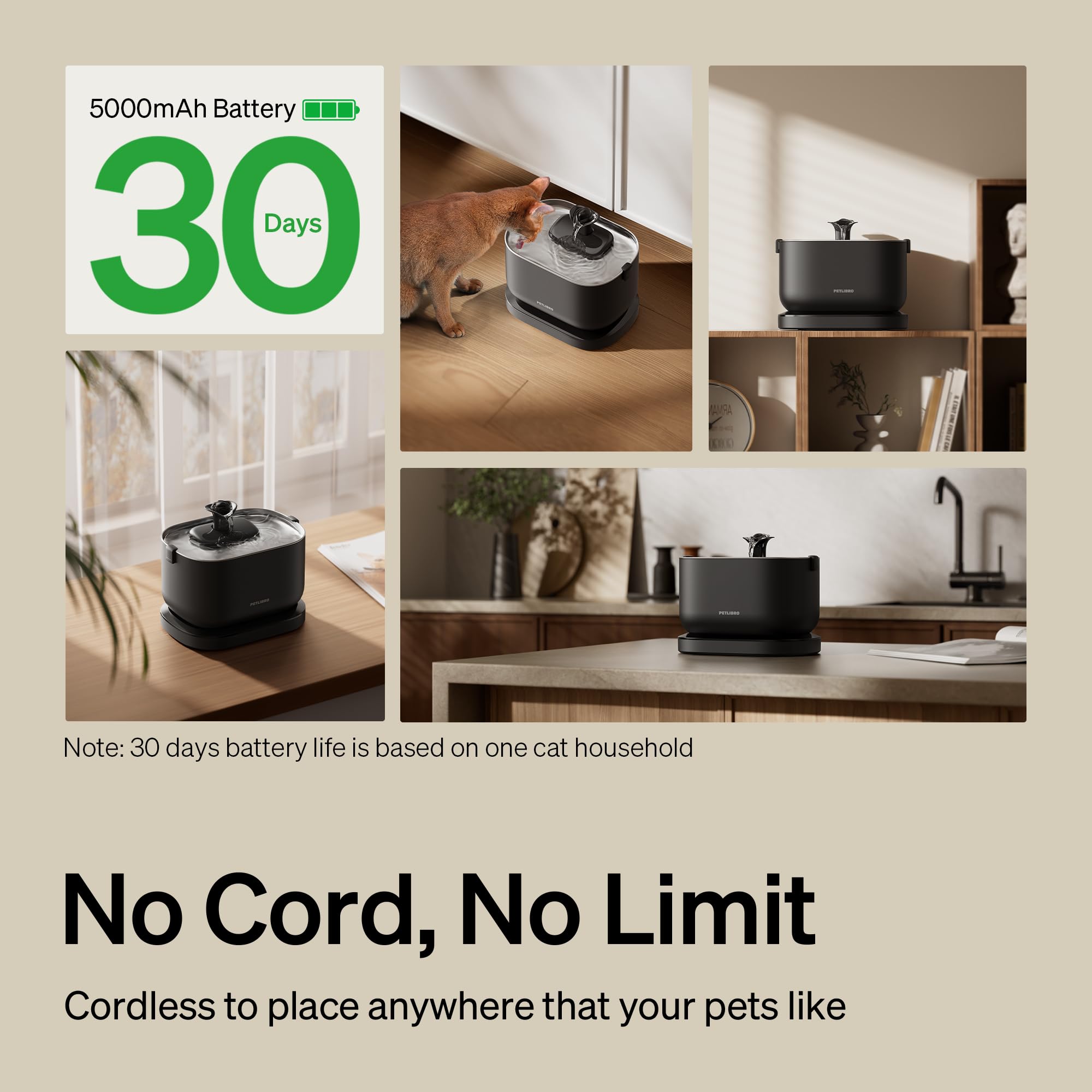 PETLIBRO Cordless Cat Water Fountain - 2.5L Battery Operated, Stainless Steel Tray, Easy to Clean, BPA-Free, Black