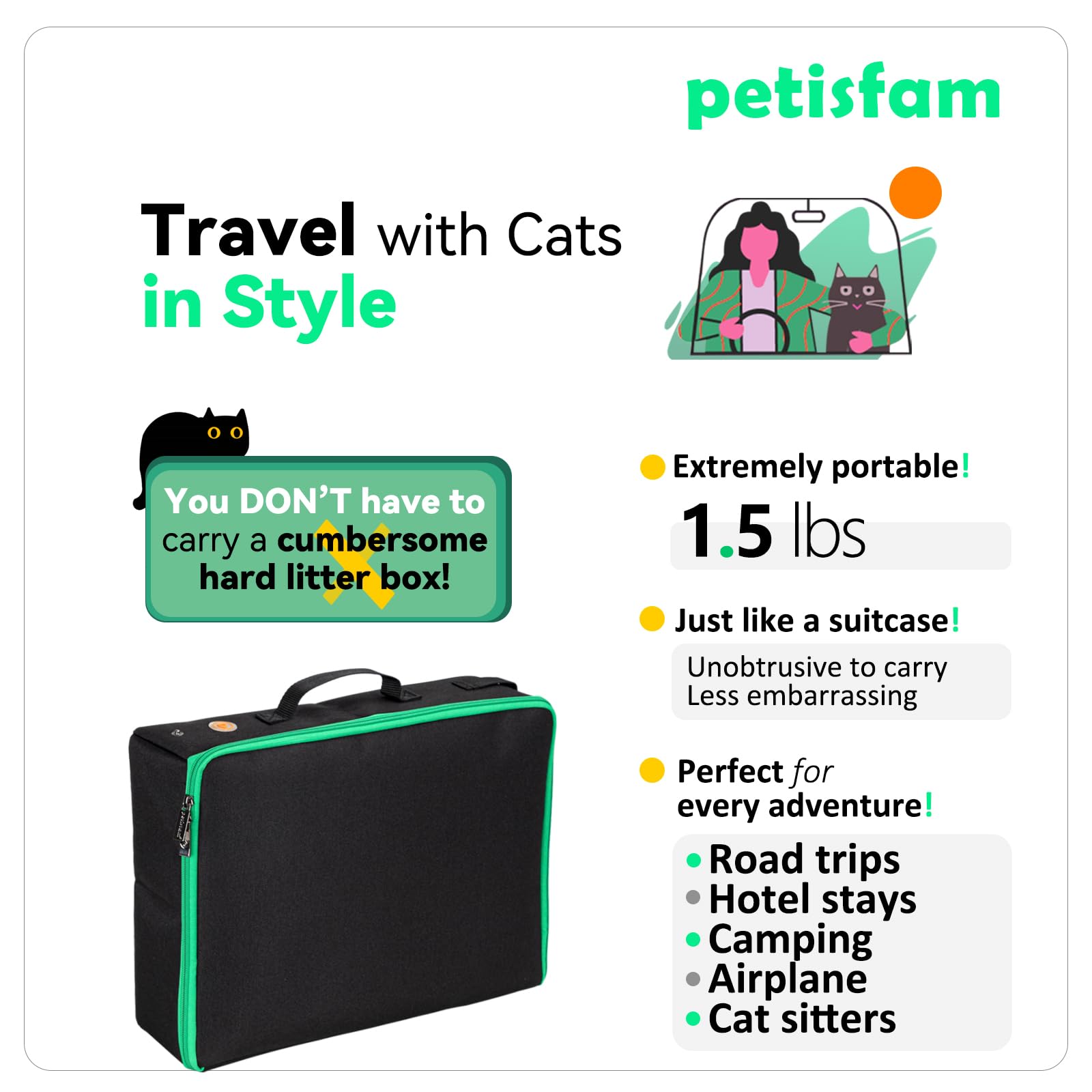 Large Portable Litter Box for Easy Travel with Large or Multiple Cats. Lightweight, Sturdy, Leak-Proof, Collapsible, Easy to Car