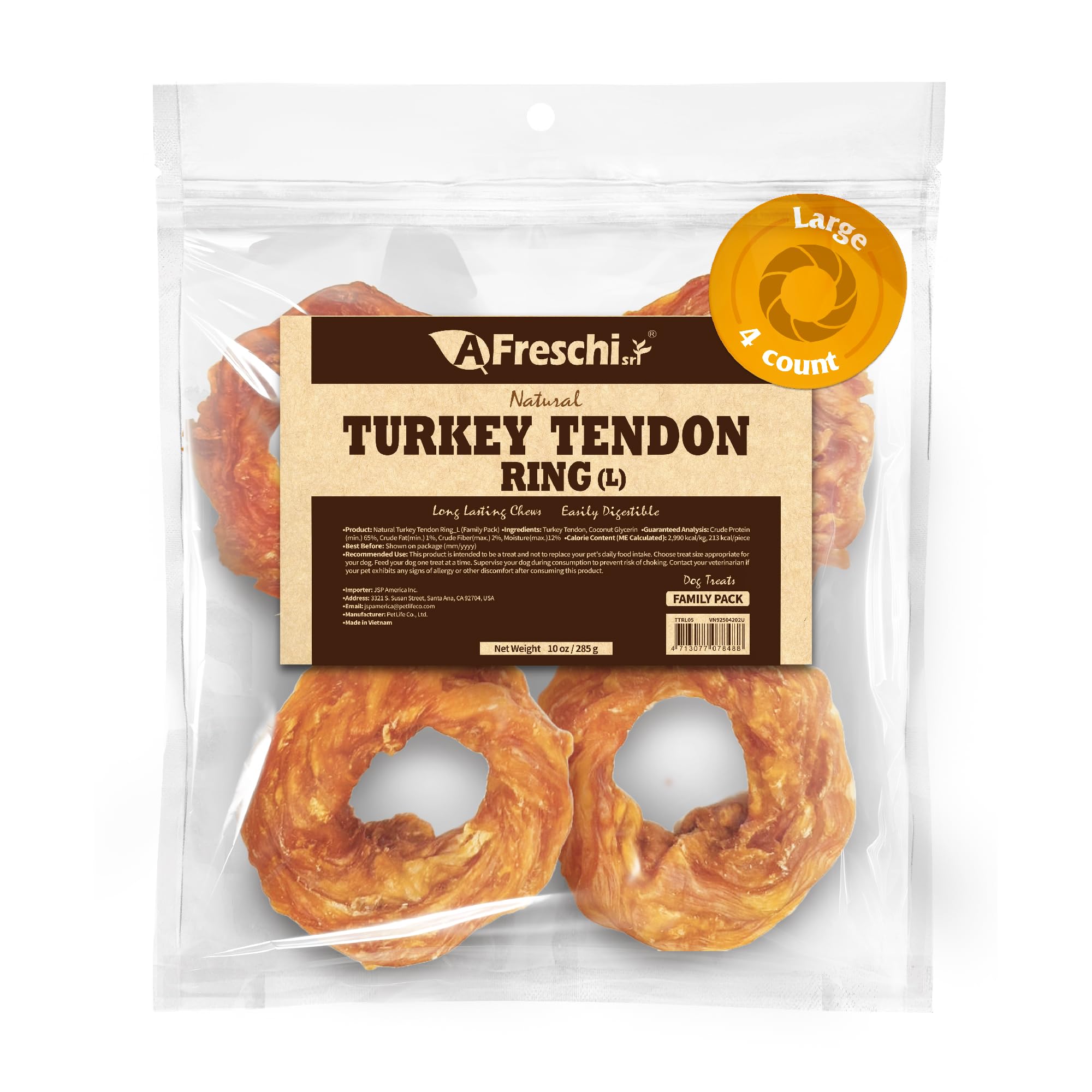 Afreschi Natural Turkey Tendon Ring (L) 10 oz, Turkey Sourced from USA, All Natural Puppy Chew, Hypoallergenic, Rawhide Alternat