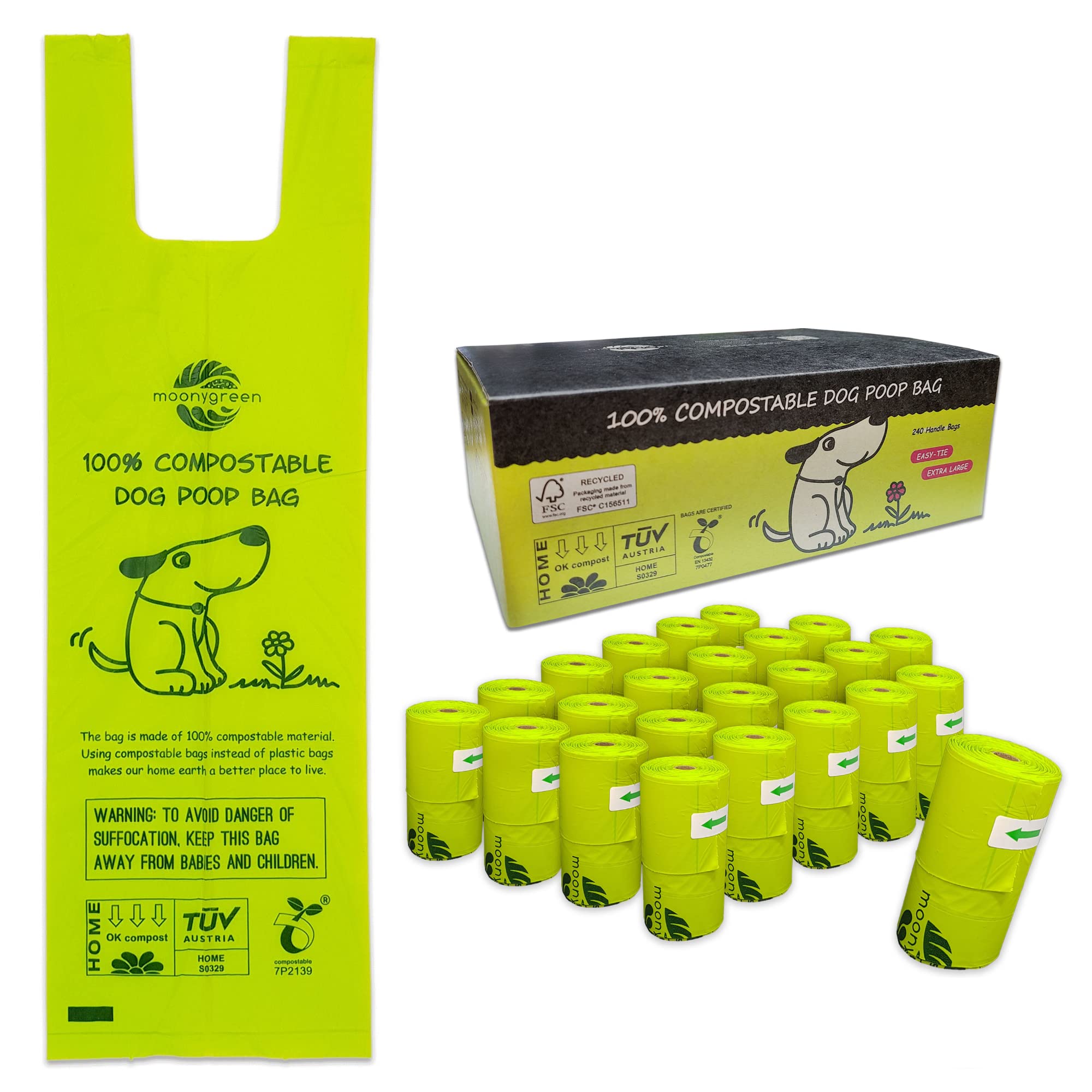 Moonygreen Dog Poop Bag With Handles, Compostable Pet Waste Bags, Easy-Tie, Vegetable-Based Eco-Friendly, Unscented, Extra Thick