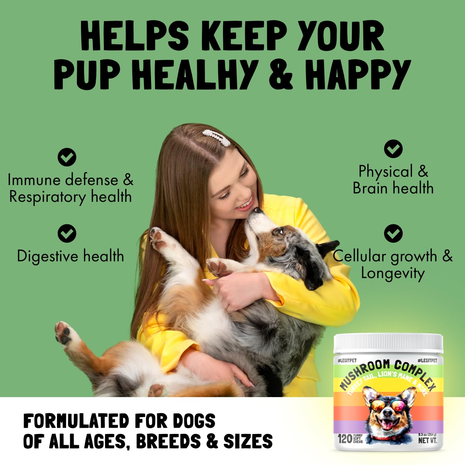 Mushroom Complex Treats for Dogs with Reishi, Shiitake, and Turkey Tail Mushrooms for Cognition and Immune Boosting Supports Dig