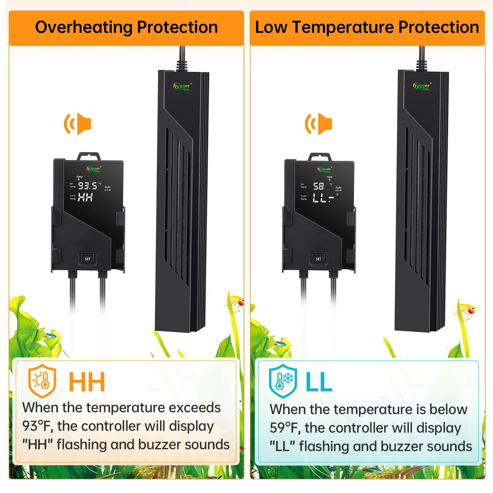 hygger Aquarium Heater with Intelligent Temperature Controller, 300W for 40-80 Gallon Submersible Fish Tank Heater with Leaving