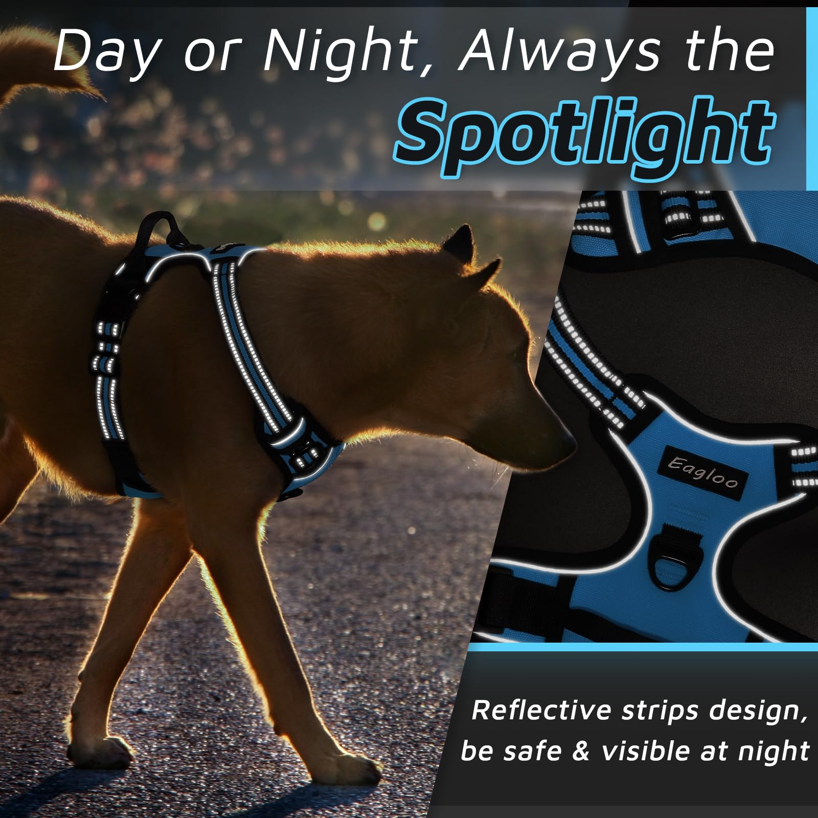 Eagloo Dog Harness For Large Dogs, No Pull Service Vest With Reflective Strips And Control Handle, Adjustable And Comfortable For Easy Walking, No Choke Pet Harness With 2 Metal Rings, Sky Blue, L