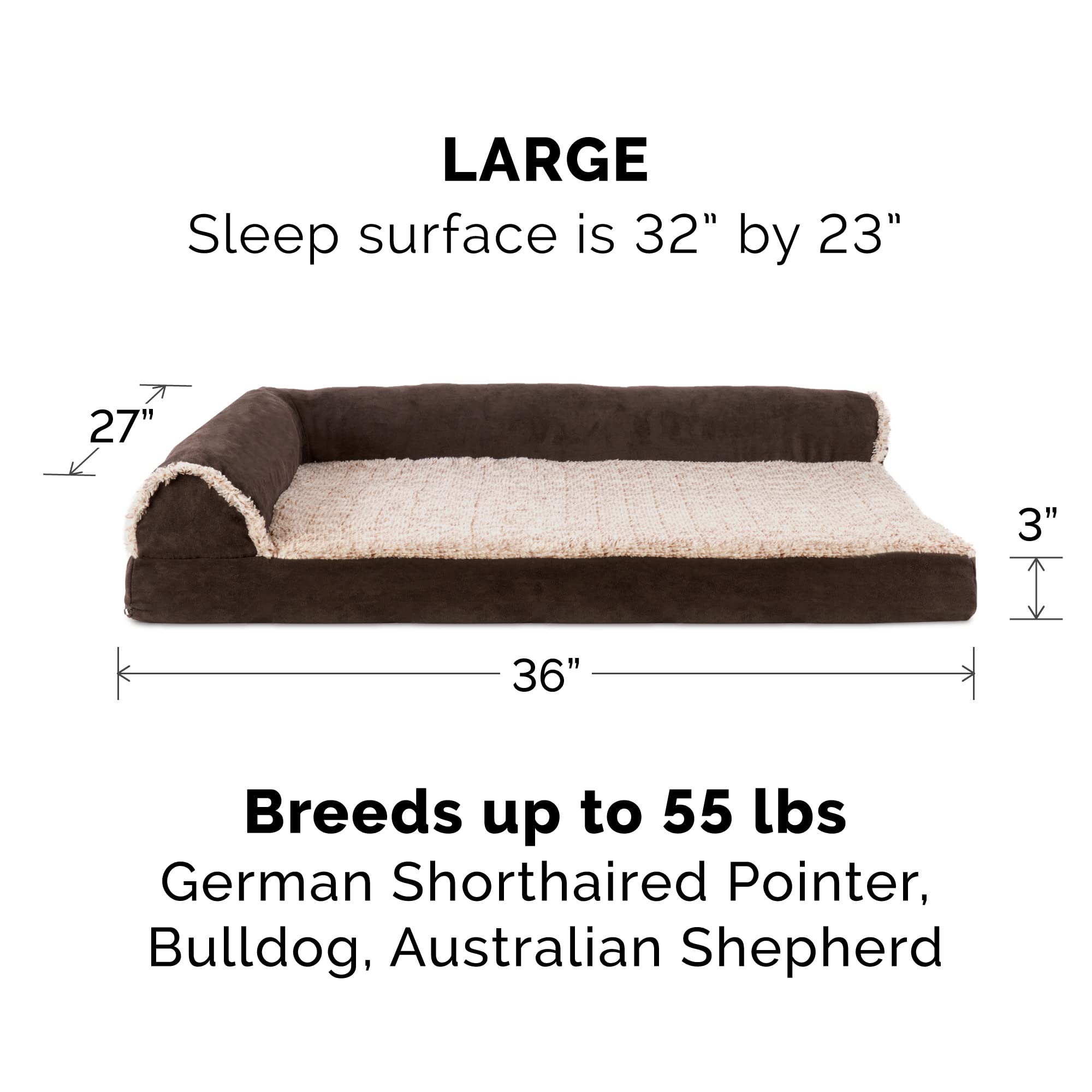 Furhaven Pet Products Two-Tone Faux Fur & Suede Memory Top Deluxe Chaise Lounge Pet Bed For Dogs & Cats - Espresso, Large