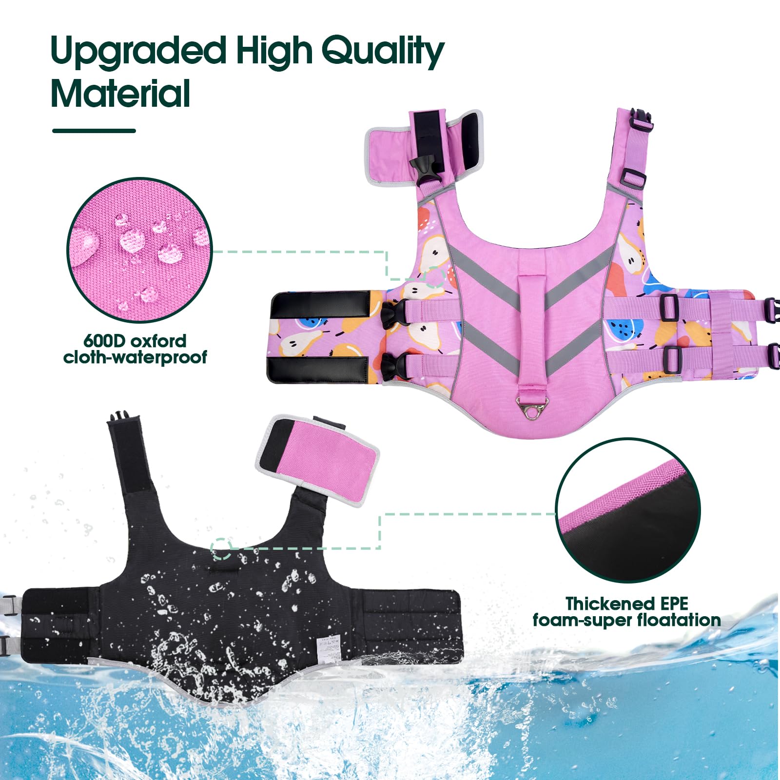 Kuoser Dog Life Jacket With Reflective Stripes, Puppy Water Vest For Swimming Boating, Adjustable High Visibility Dog Pfd Vest W
