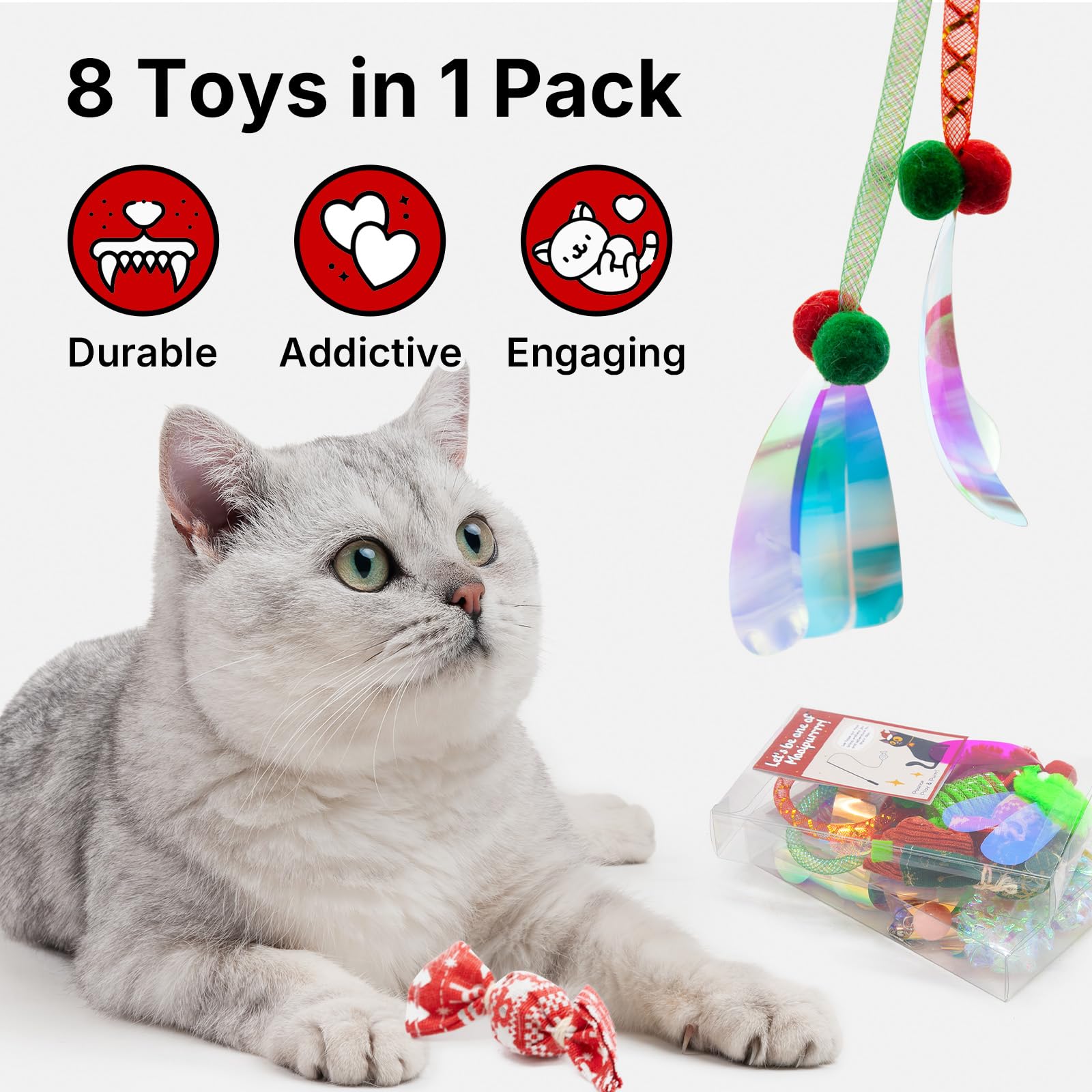 Cat Toy Box For Indoor Cats - 8 Pcs In 1 Pack, Including 2 Cat Wand Replacement Toys, 2 Catnip Kicker Red/Green, 1 Mouse Toy, 1