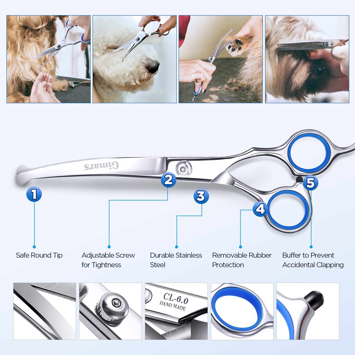 Gimars Titanium Coated Professional 6 In 1 4Cr Stainless Steel Dog Grooming Scissors With Safety Round Tip, Heavy Duty Pet Grooming Scissor For Dogs, Cats And Other Animals