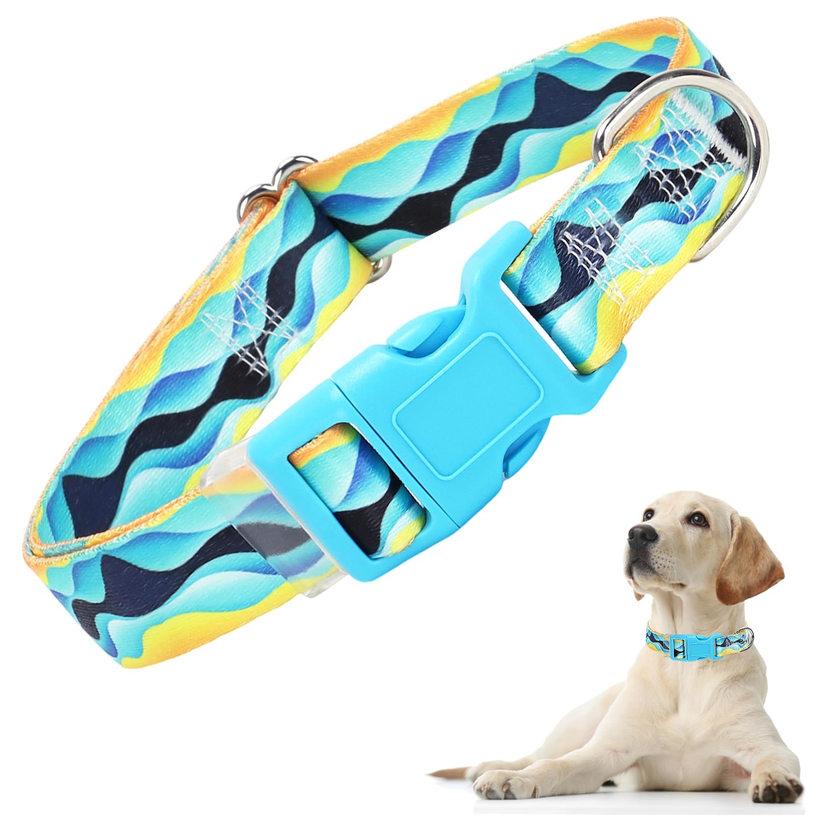 Boy Dog Collar For Small Dogs, Cute Blue Dog Collar With Sea Waves Pattern, Adjustable Heavy Duty Pet Buckle Collar For Xs Small