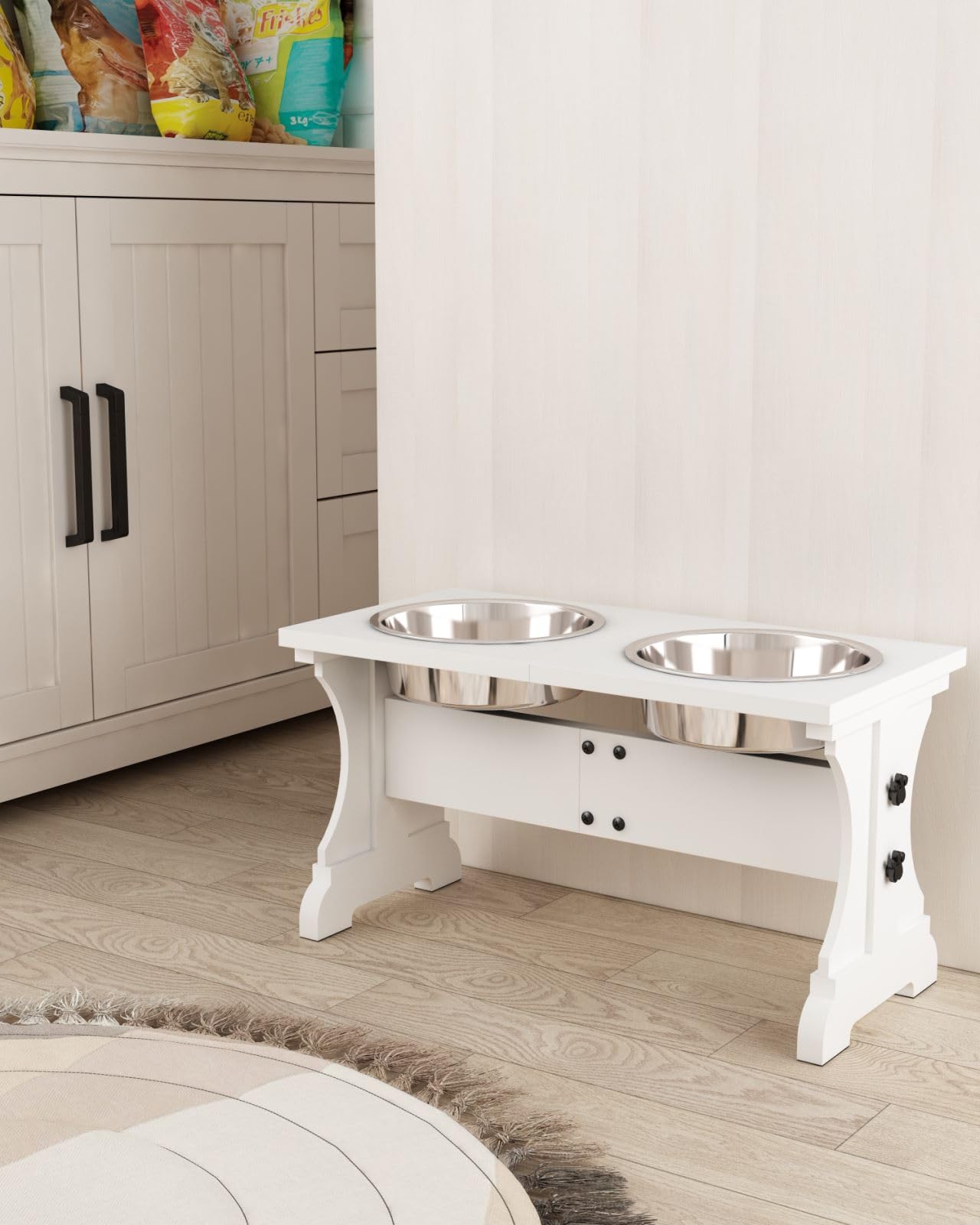 Piskyet Elevated Dog Bowls,Farmhouse Dog Bowls Stand, Raised Dog Bowl With 2 Stainless Steel Wooden Dog Bowls,7 Cups 11''H_55 Oz