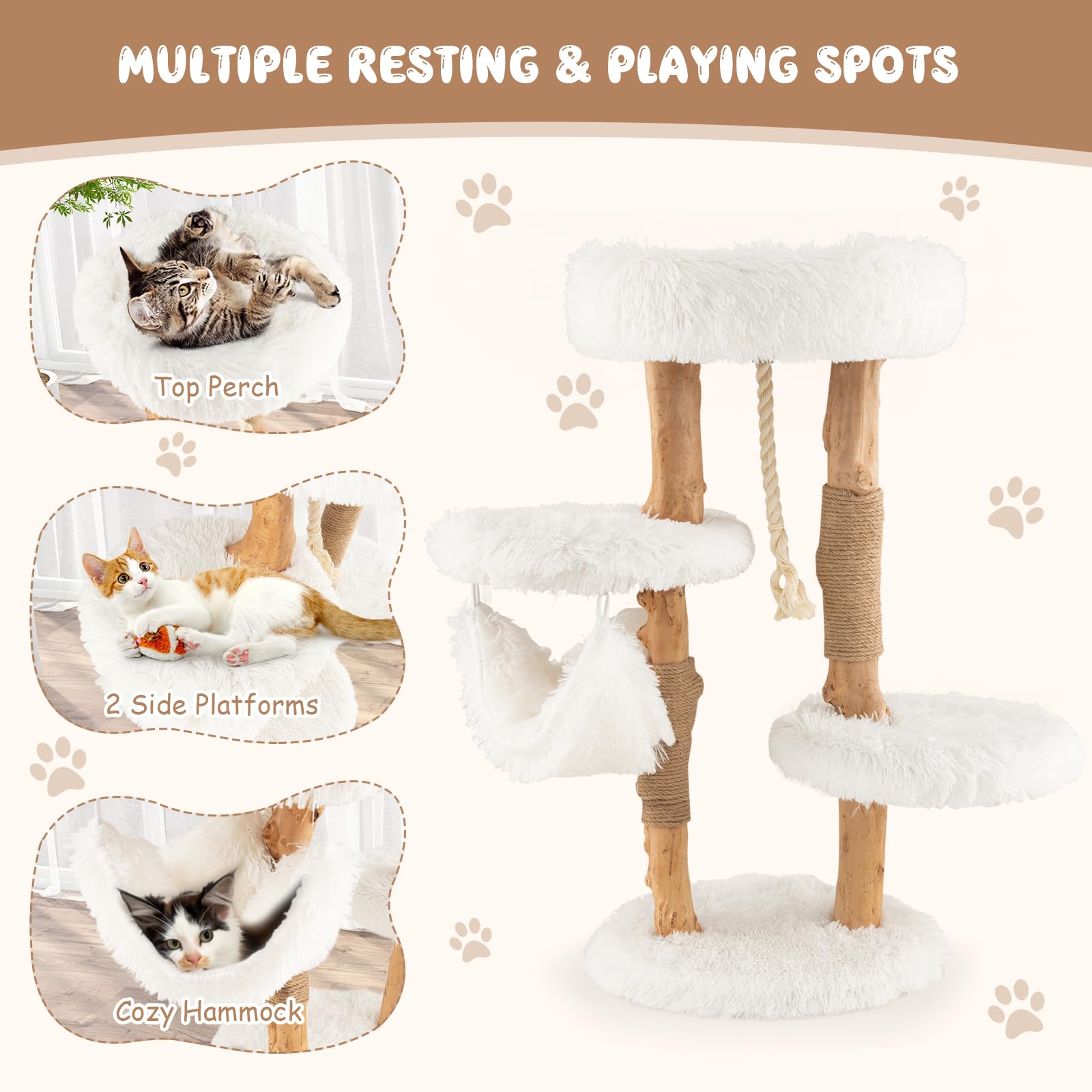 Tangkula Cat Tree Tower, Solid Wood Modern Cat Tower With Cozy Top Perch, 2 Platforms & 1 Hammock, Natural Branch Cute Cat Tree