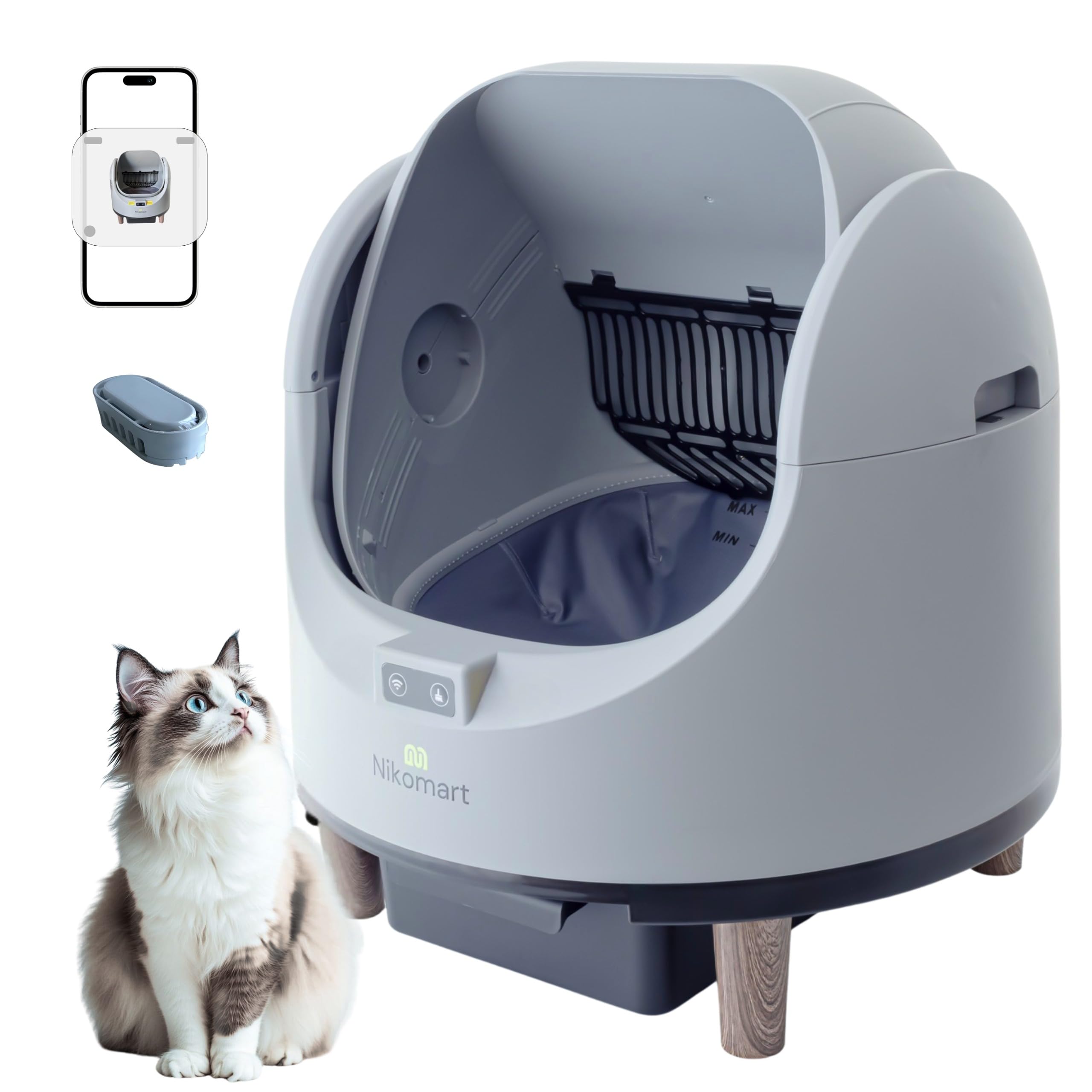 Nikomart Open-Top Self Cleaning Litter Box, 68L Large Capacity for Multi Cats - Automatic Litter Box New Gray Design with App Co