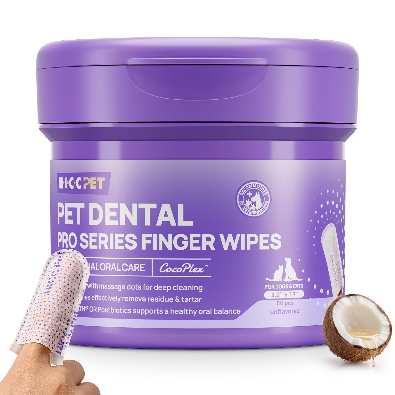HICC PET Pro Teeth Cleaning Wipes, Vet-Recommended Dog Finger Toothbrush Wipes for Plaque & Fresh Breath, No-Rinse Dog Tooth Bru