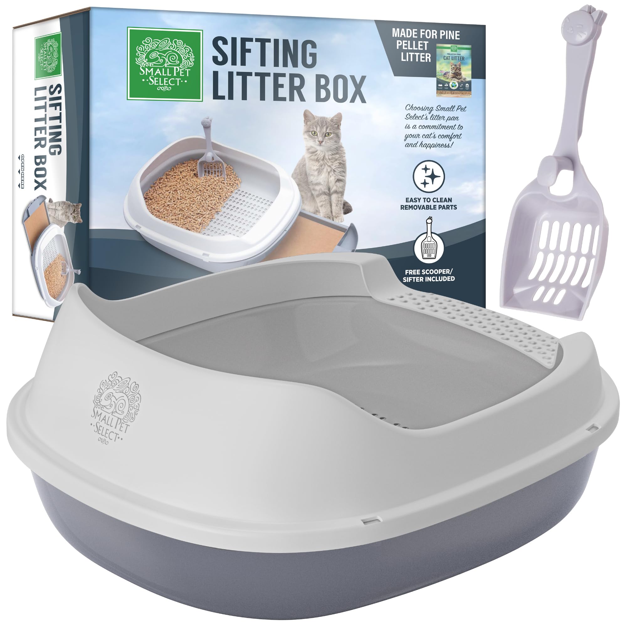 Small Pet Select - Pine Pellet Cat Litter Box, with 5 Pee Pads and Litter Scoop, Premium System for Cats and Other Small Animals