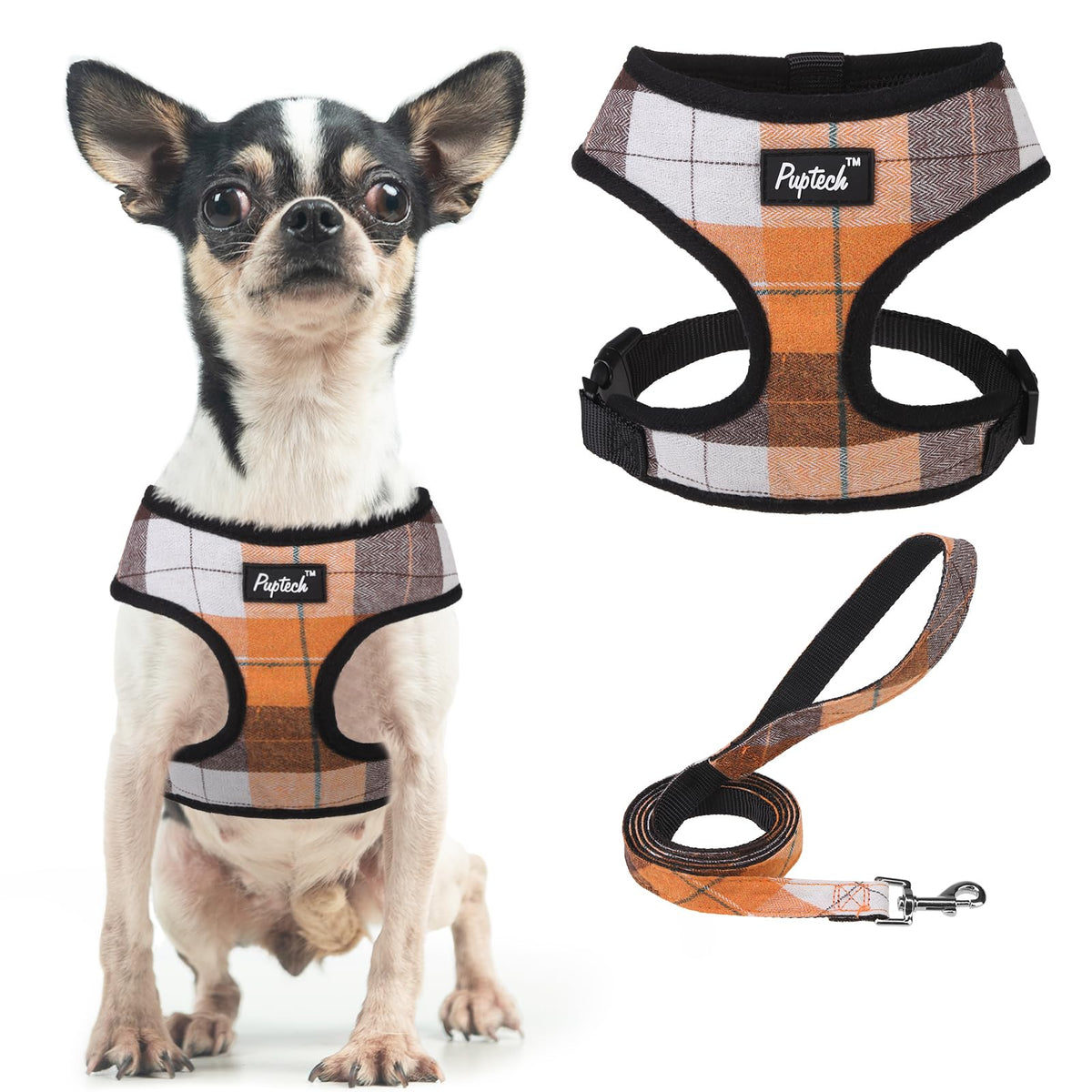 Pupteck Soft Mesh Dog Harness And Leash Set Pet Puppy Cat Comfort Padded Vest No Pull Harnesses, Orange, Xs