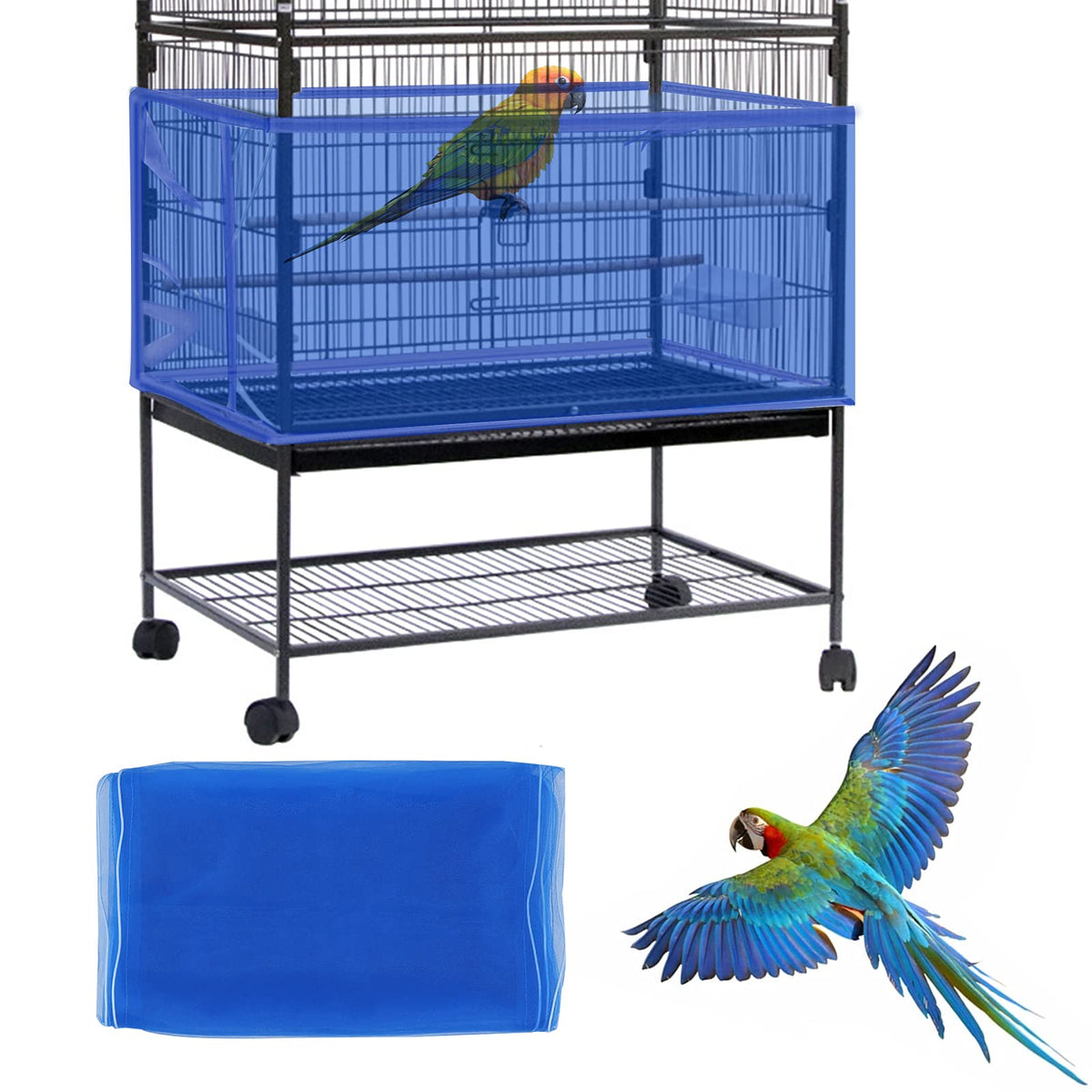 Daoeny Large Bird Cage Cover, Bird Cage Seed Catcher, Adjustable Soft Airy Nylon Mesh Net, Birdcage Cover Skirt Seed Guard For Parrot Parakeet Macaw African Round Square Cages (Blue)