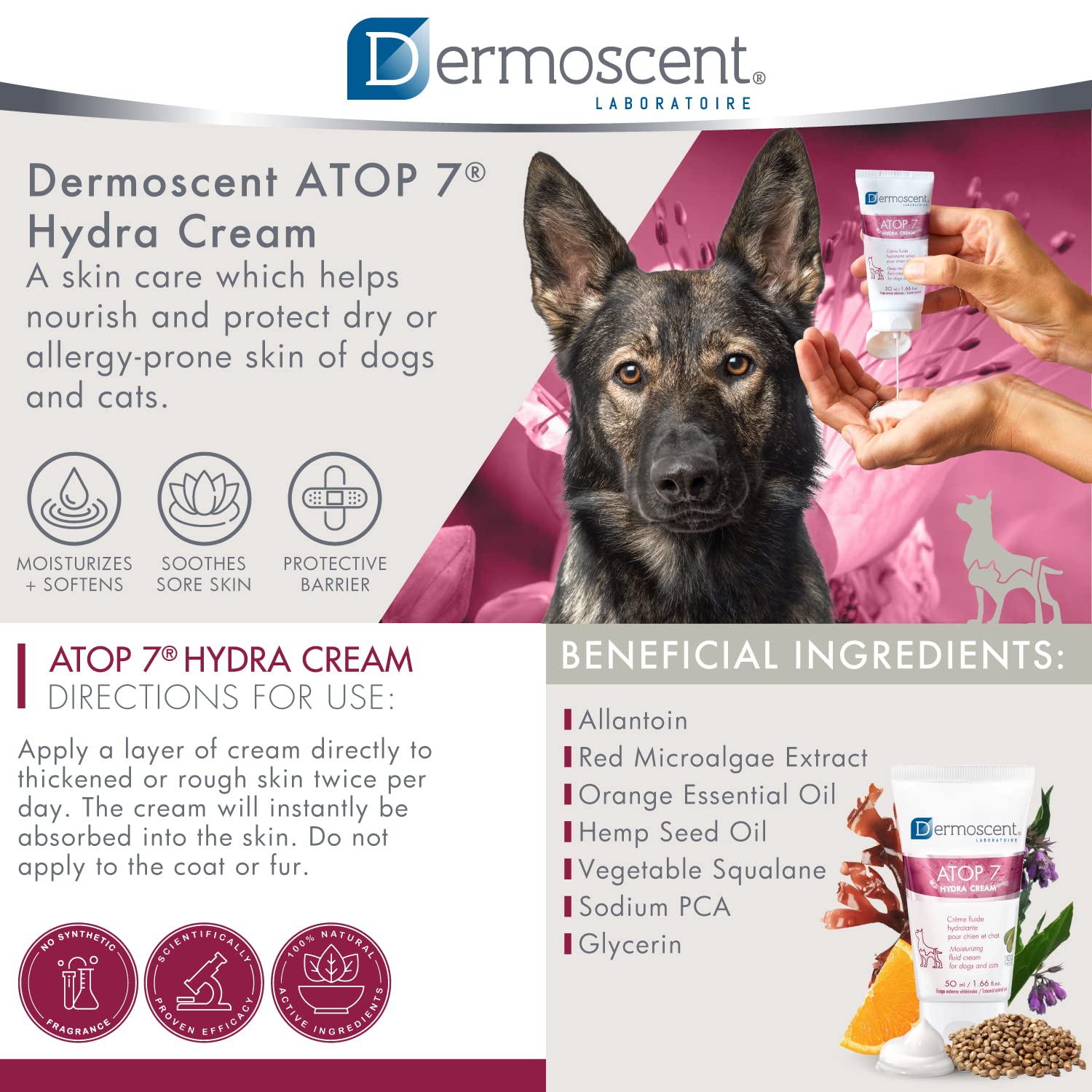 Dermoscent ATOP 7 Hydra Cream for Dogs & Cats for Dry & Allergy-Prone Skin Relief - Veterinarian Dermatologist Formulated - 50 m