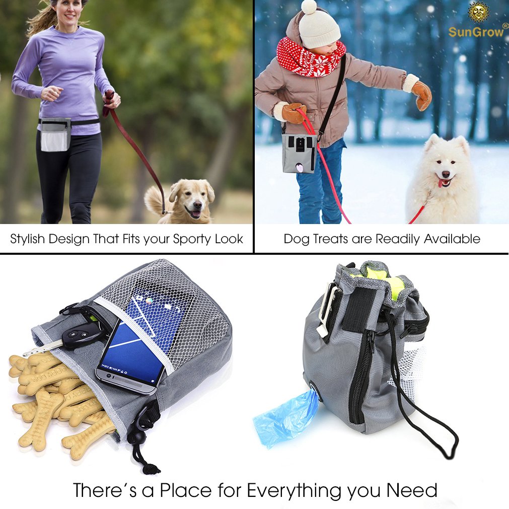 SunGrow Dog Travel Pouch, Training Bag for Treats, Kibbles, Toys & Accessories, Gray, Multiwear and Weather-Proof, 1 Pouch with