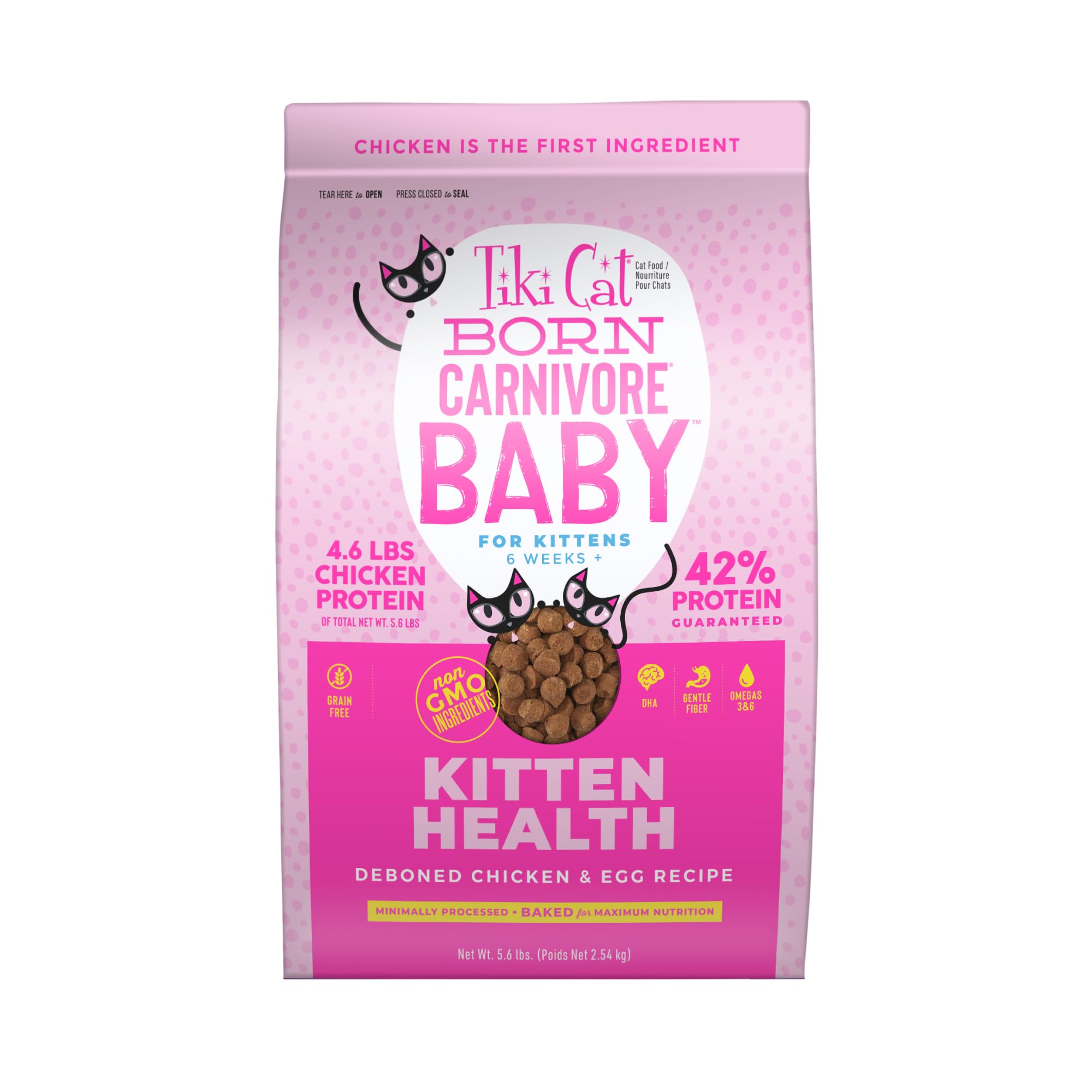 Tiki Cat Born Carnivore Baby, High-Protein and Grain-Free, Complete and Balanced Dry Cat Food for Kittens 6 Weeks+, 5.6 lbs. Bag