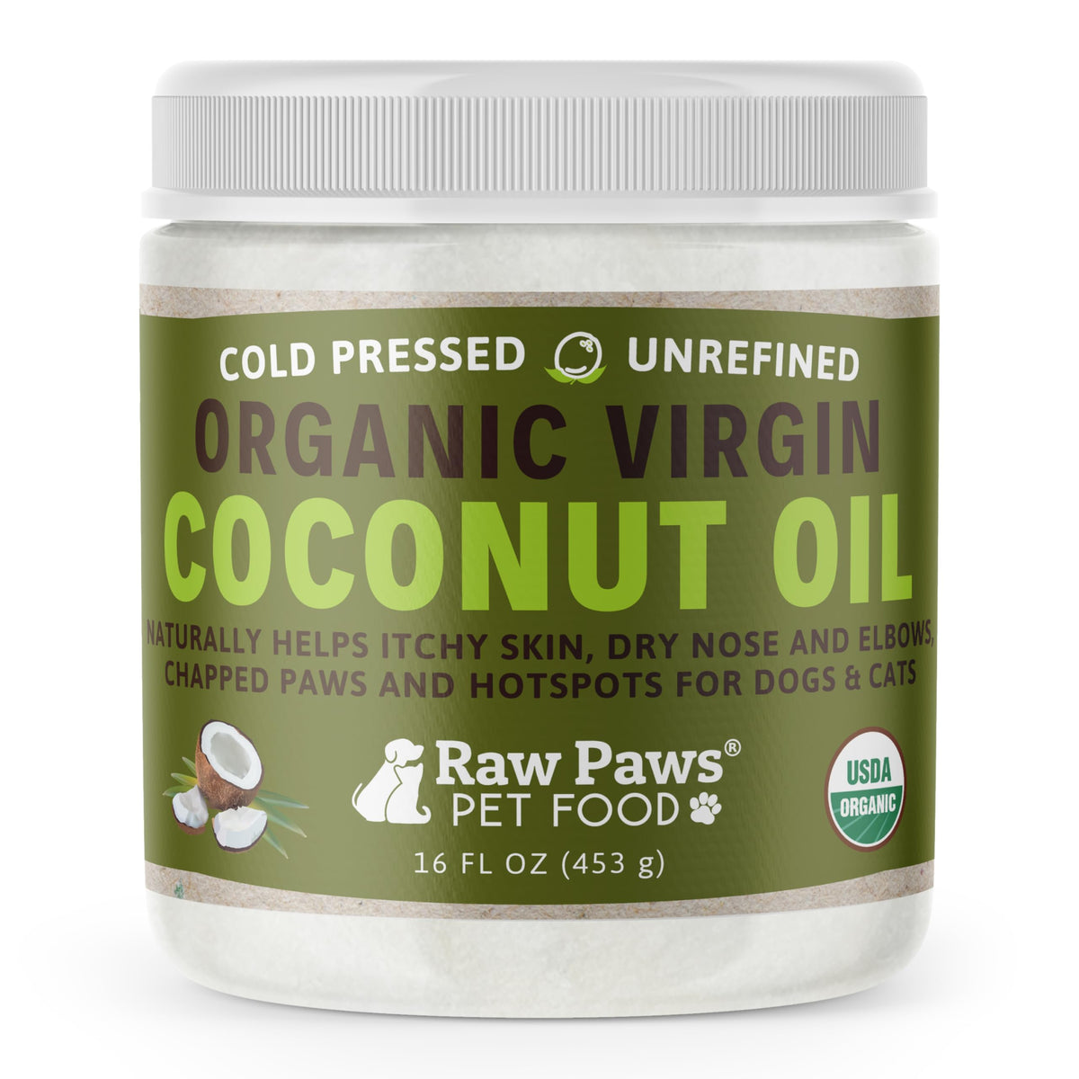Raw Paws Virgin Organic Coconut Oil For Dogs & Cats, 16-Oz - Treatment For Itchy Skin, Dry Nose, Paws - Hot Spot Lotion For Dogs