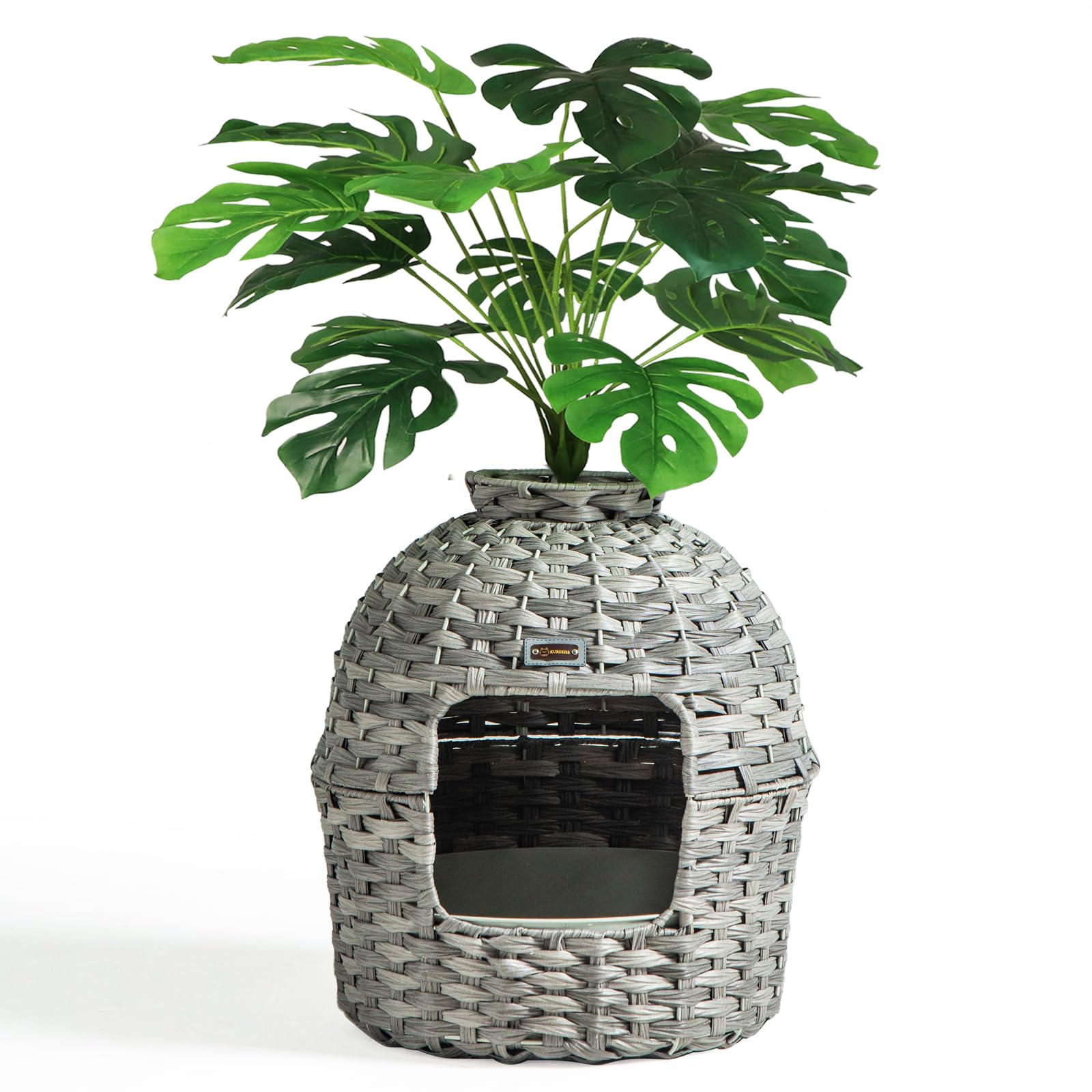 KUREEISE Hidden Litter Box Furniture with Artificial Plants, Handwoven Rattan Cat House with Enclosed Litter Box(Gray)
