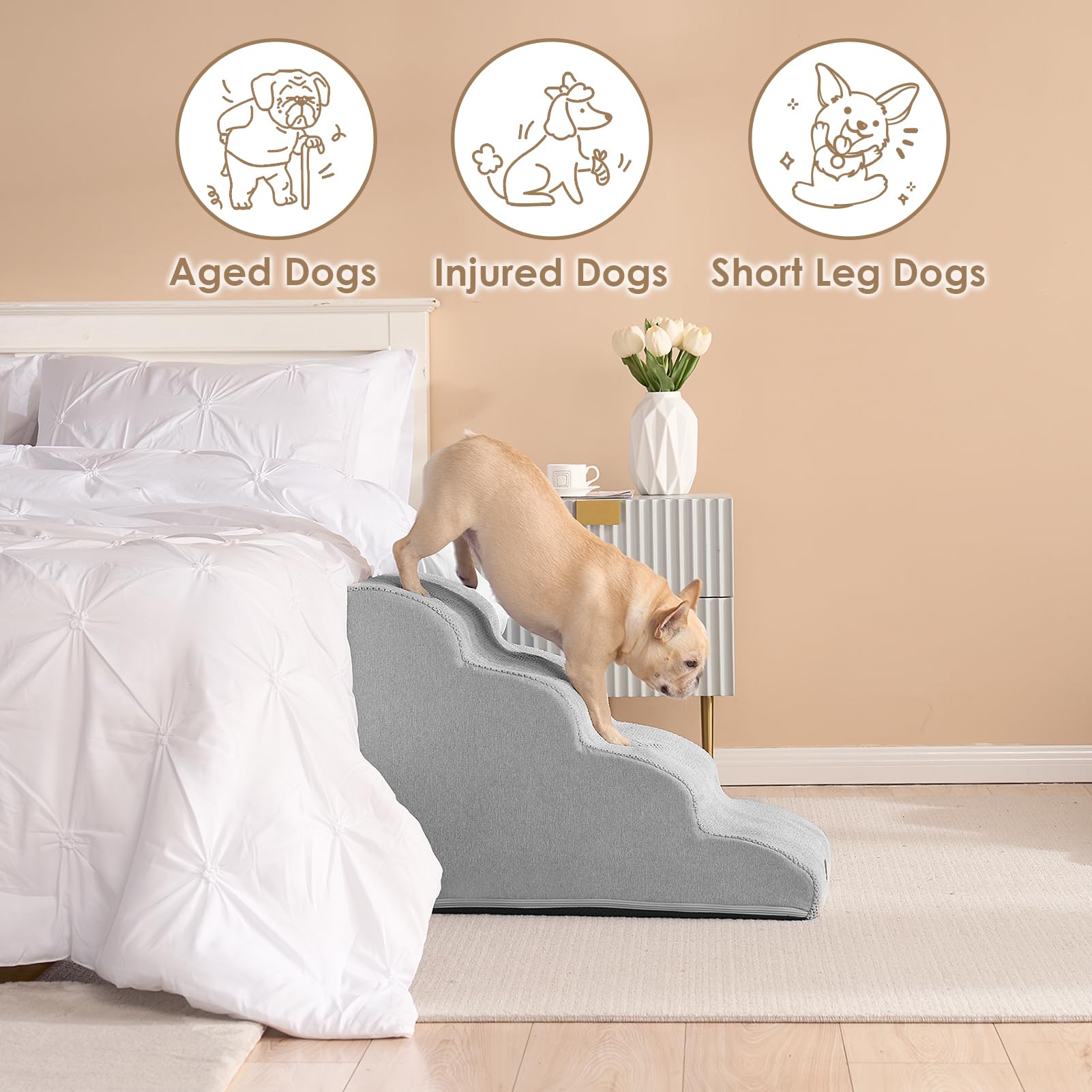 Eheyciga Curved Dog Stairs Ramp For High Beds 19.7' H, 4-Step Dog Steps For Small Dogs And Cats, Pet Stairs For High Bed Climbing, Non-Slip Balanced Pet Step Indoor, Light Grey