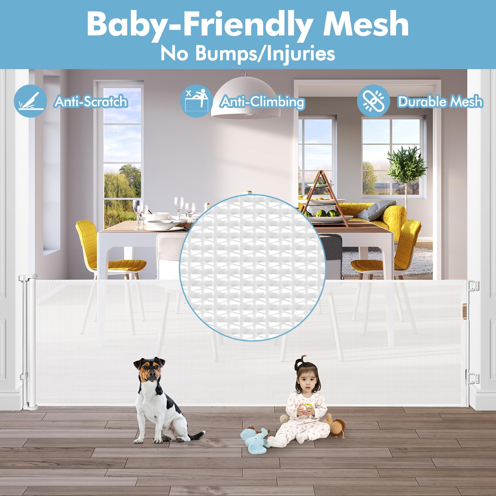 75 Inch Extra Wide Baby Gate For Wide Openings Indoor Outdoor Retractable Baby Gates Extra Wide Retractable Dog Gate Long Baby Gate Dog Gates For The House Extra Wide Child Gates For Doorways, White