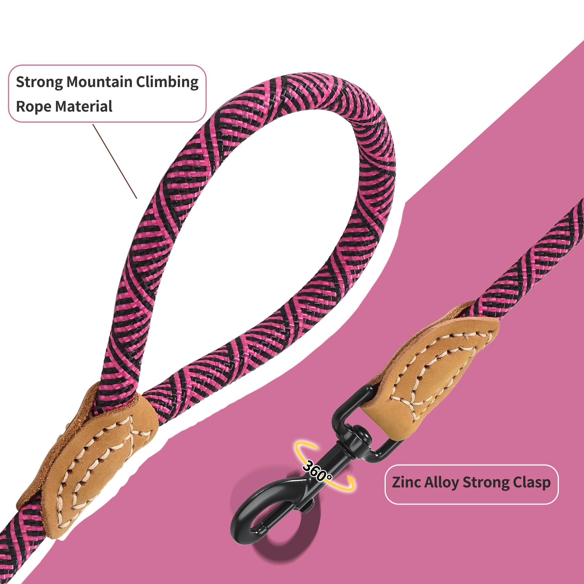 Mile High Life Rope Leash With Genuine Leather Connection, 6 Ft/5 Ft/4 Ft, Heavy Duty Leash For Medium & Large Dogs (Hot Pink, 7