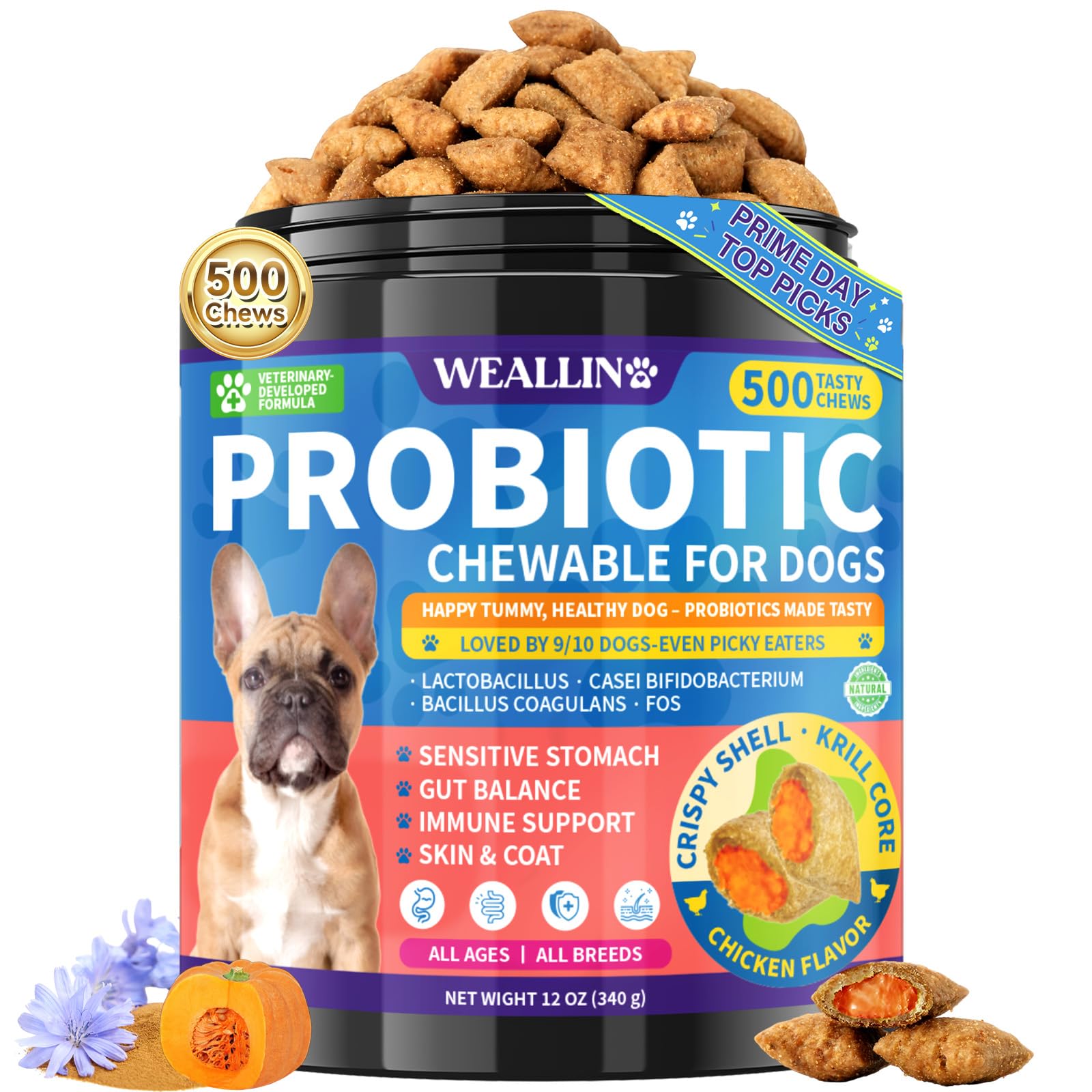 Dog Probiotics Chews 500 Chews, Sensitive Stomach Support Crunchy Shell with Krill Core, Triple Probiotics & Prebiotics, Digesti