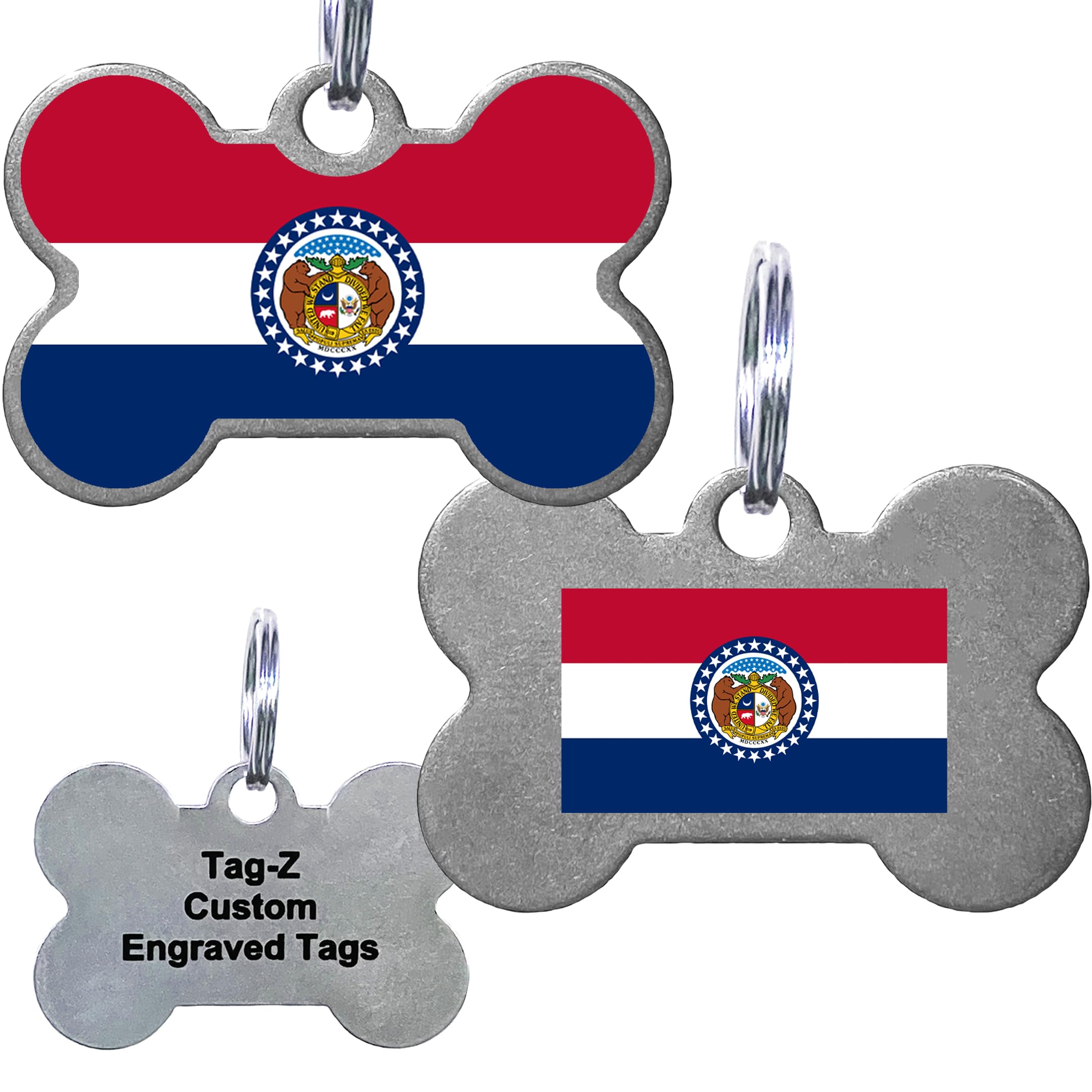 Missouri Flag Pet Id Tags, Custom Printed And Laser Engraved Bone