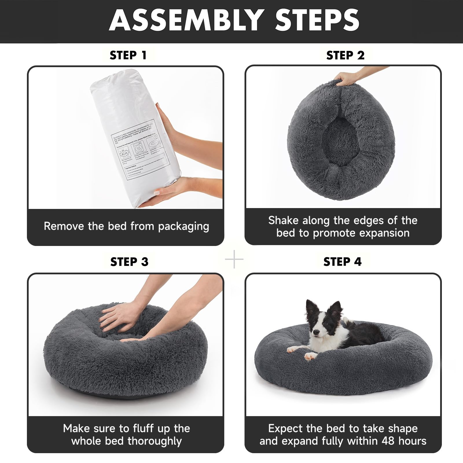 Ohgeni Calming Donut Dog Bed Pillow For Large Pets, Machine Washable Removable Cover, Comfort Plush Fluffy Faux Fur With Anti-Slip Bottom, Cats-Friendly Round Cuddly Design, Gray, 36 Inches