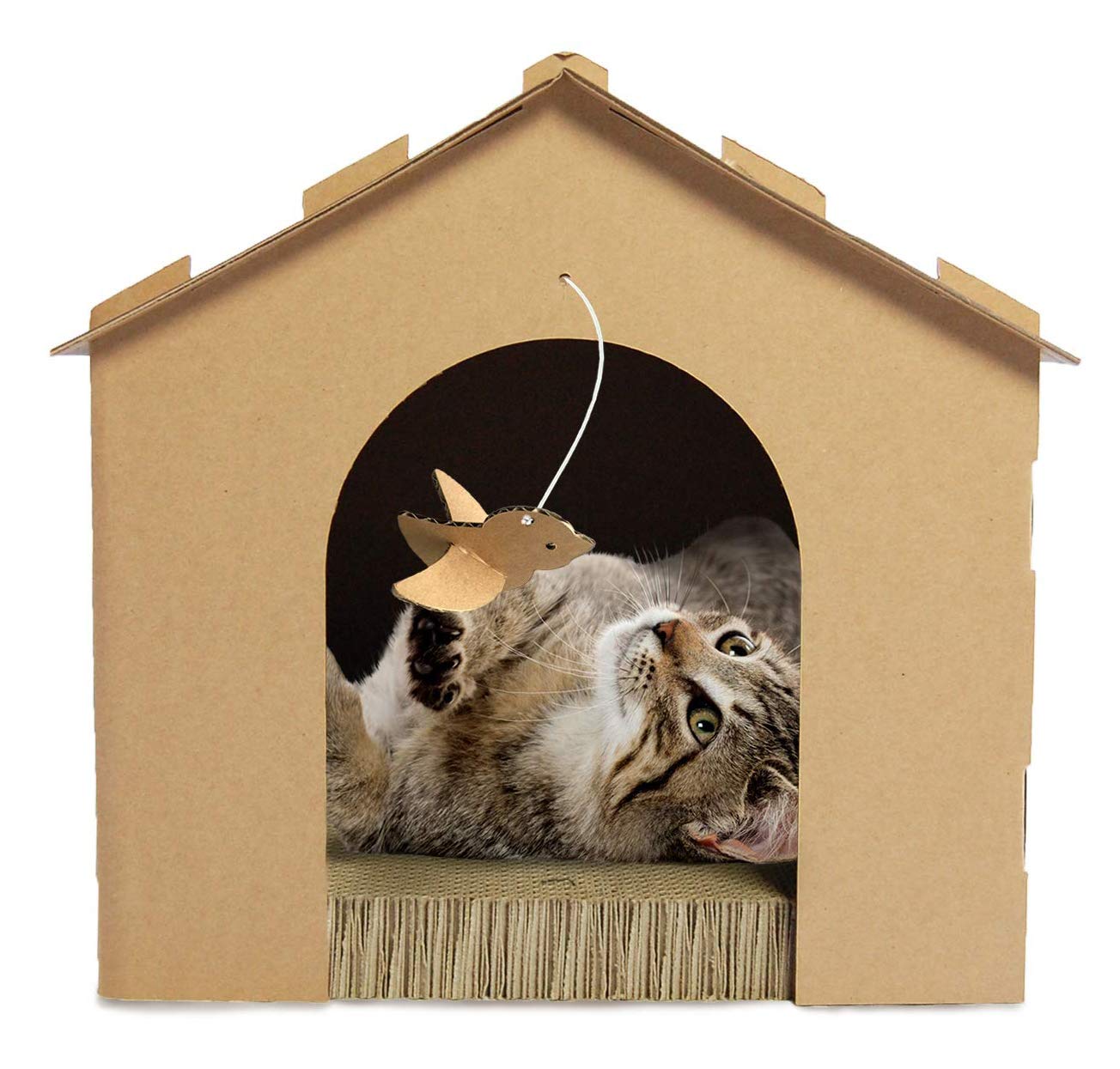 Furhaven Cardboard Cat House Gingerbread House, Cat Hideout Scratcher with Detachable Hanging Toys