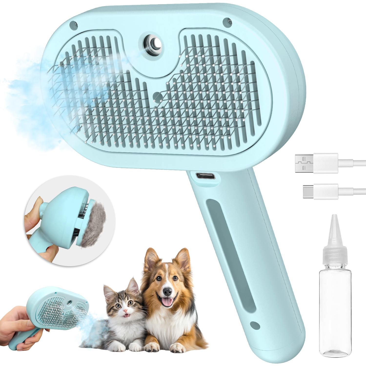 Pecait 3-In-1 Self-Cleaning Pet Brush For Shedding - Removes Static And Loose Hair From Dogs And Cats (Blue)