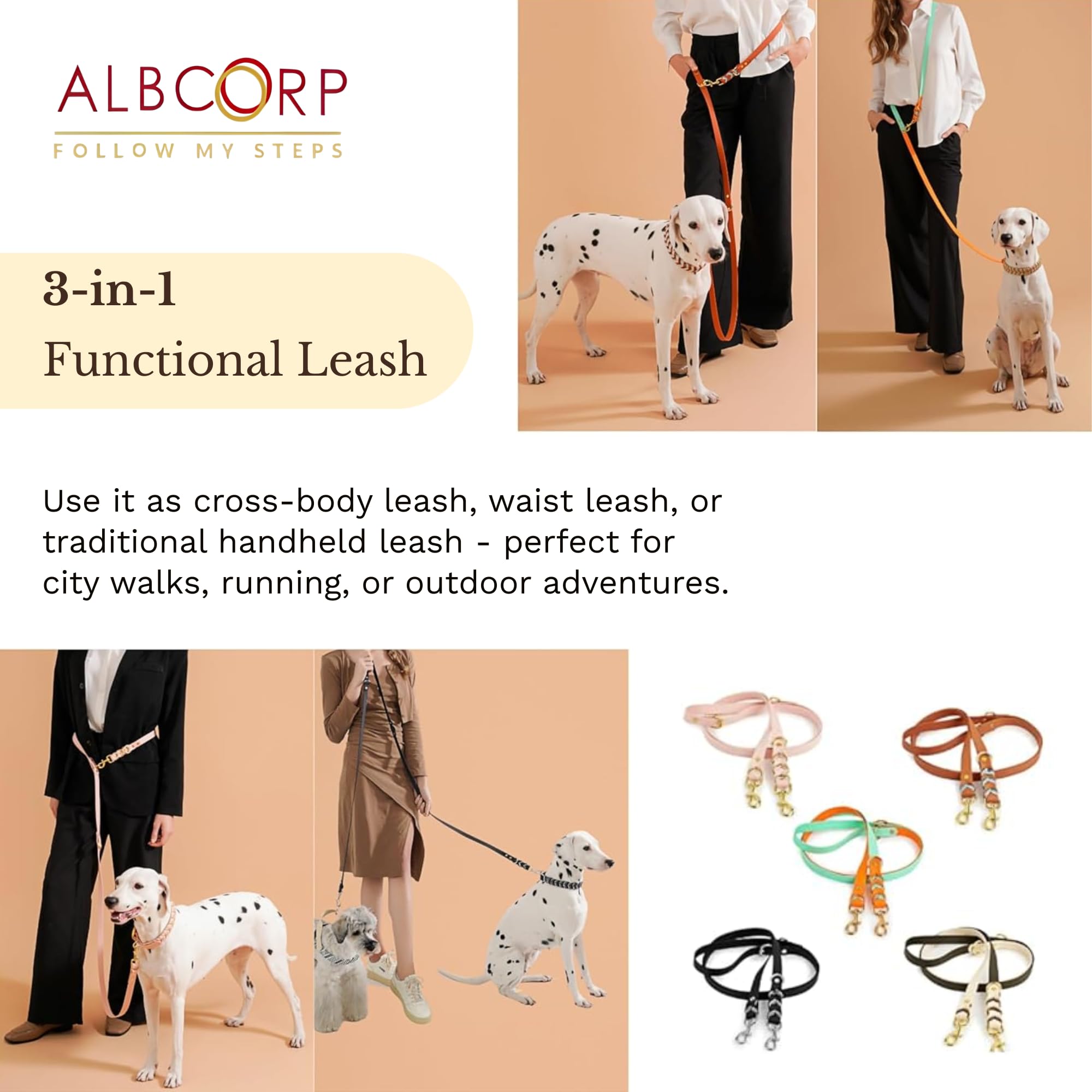 Albcorp Braided Hands-Free Dog Leash - Small & Medium Sizes, 7.2 ft Long - PVC Coated, Adjustable for Cross-Body, Waist, or Hand