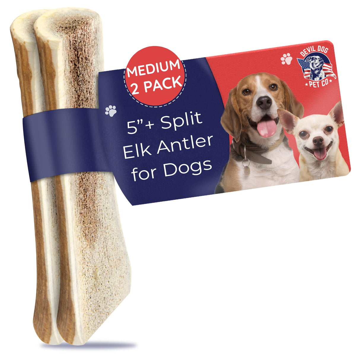 Devil Dog Pet Co. Split Elk Antlers For Dogs, 2 Pack, Medium 5”+, Grade A Long Lasting Dog Bones For Aggressive Chewers, Premium Usa Naturally Shed Antler Dog Chew – No Odor, Dog Antler Chews