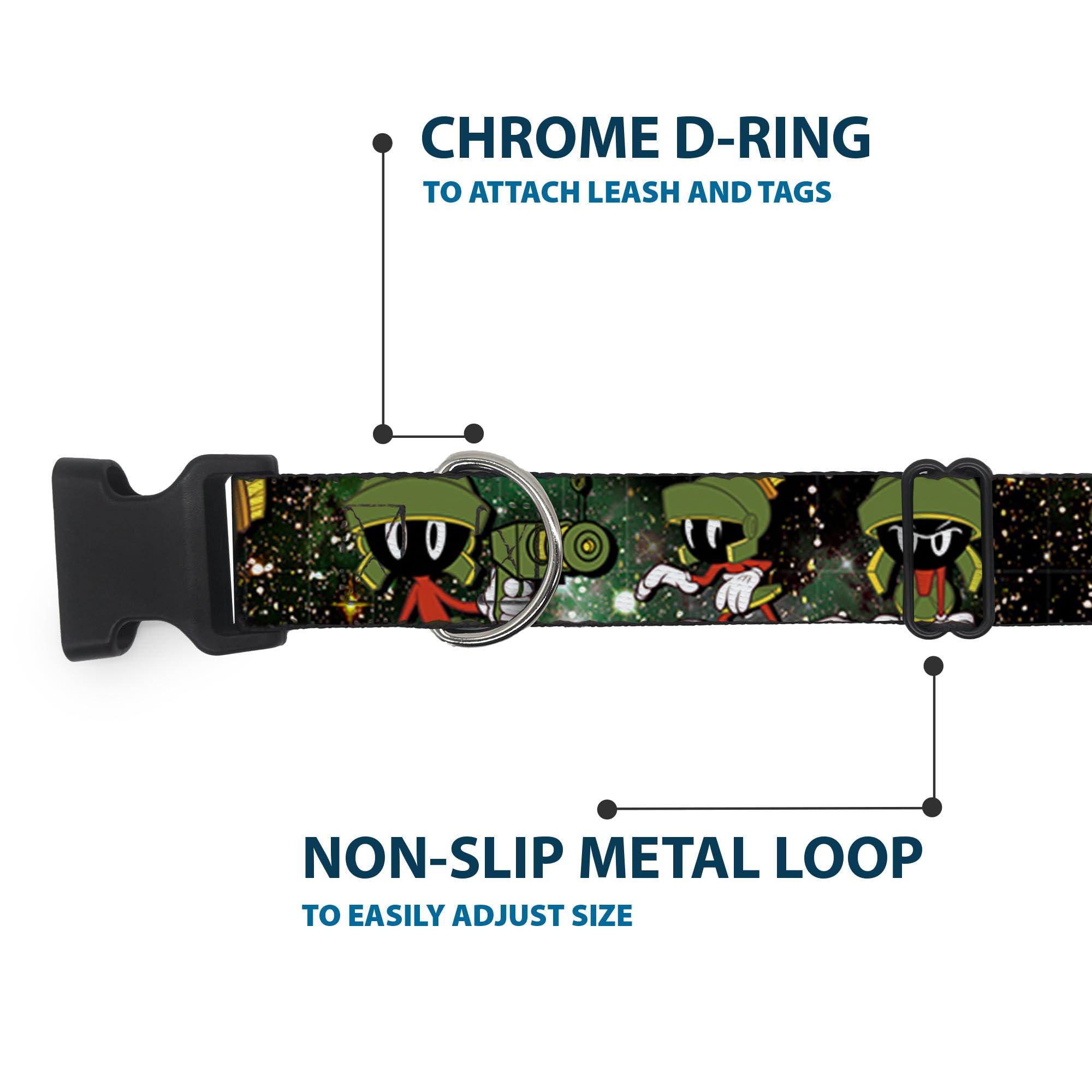 Buckle-Down Dog Collar Plastic Clip Marvin The Martian 4 Poses Galaxy, Multicolor, 1.5 Wide - Fits 16-23 Neck - Medium (