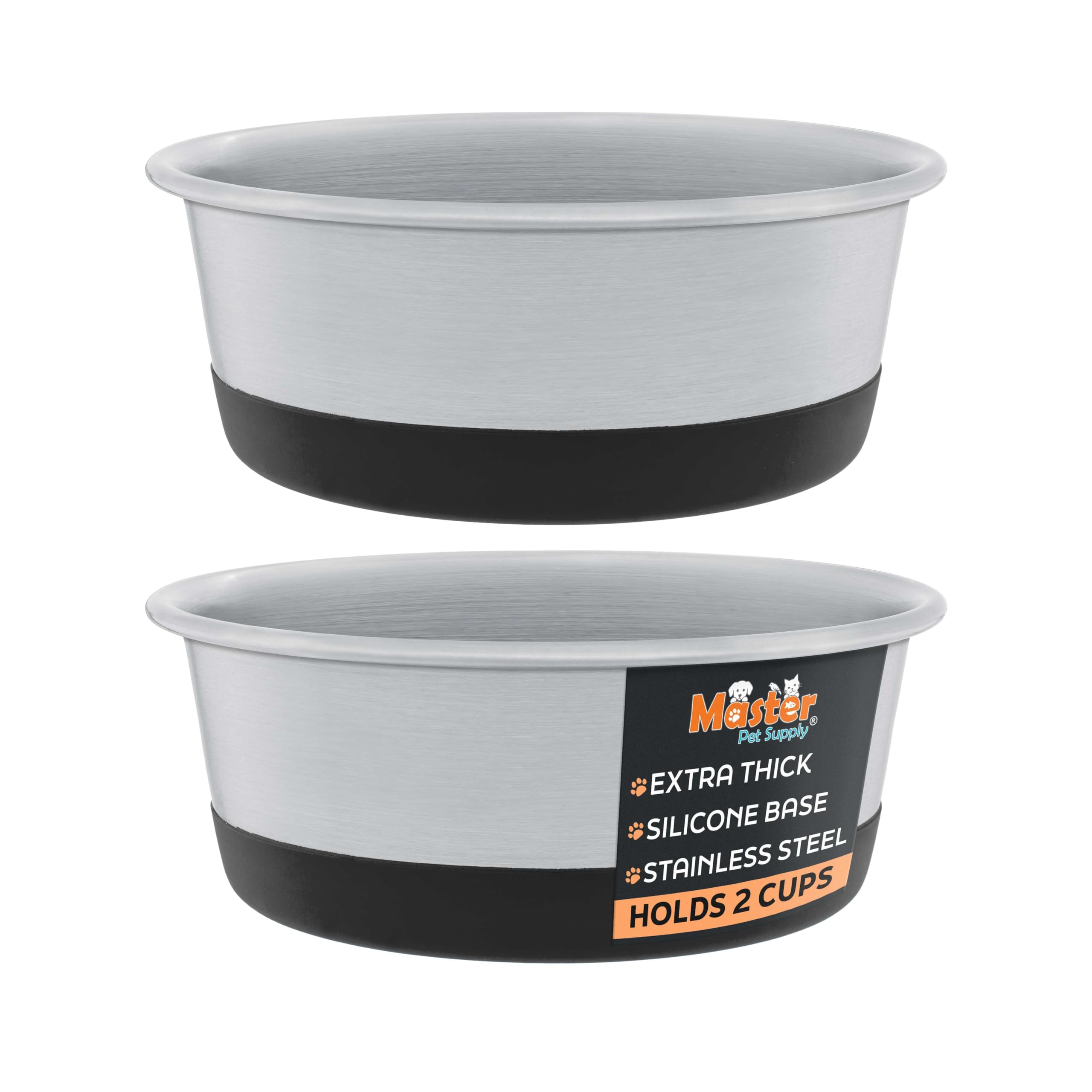 Master Pet Supply Stainless Steel Dog Bowls Set of 2 with Extra Thick Silicone Base - 2 Cup (16 oz) Black Velvet, Non-Slip, Dish