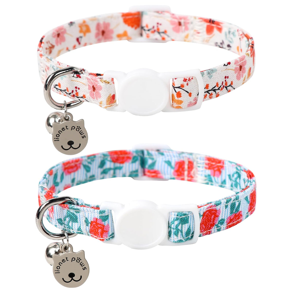 Lionet Paws 2Pcs Pack Cotton Cat Collar,Breakaway Buckle With Rose Coreopsis And Brand Pendant Cute Adjustable Cat Kitten Collar