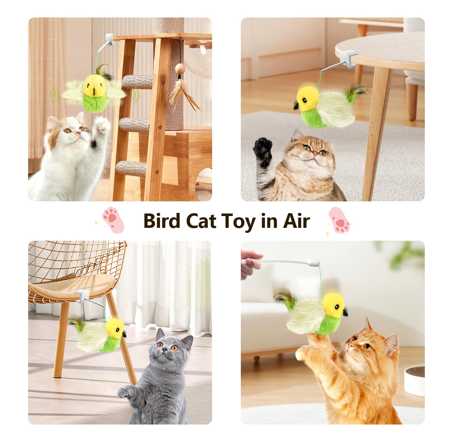 Migipaws Cat Toys,Interactive Lifelike Amakihi Flying Flapping Bird With Catnip, Feathers Hanging By Elastic String, Automatic C