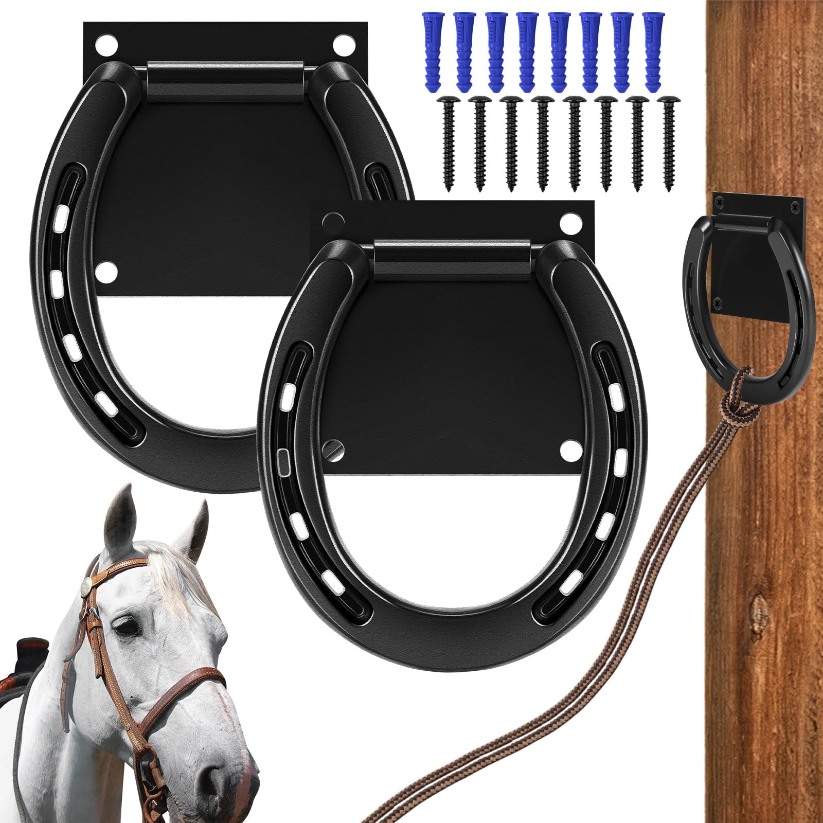 Zhengmy 2 Set Tie Ring For Horses Solid Steel With 3 X 3 Inch Expansion Screws, Horseshoe Cross Ties Down For Horse Tack Stall S