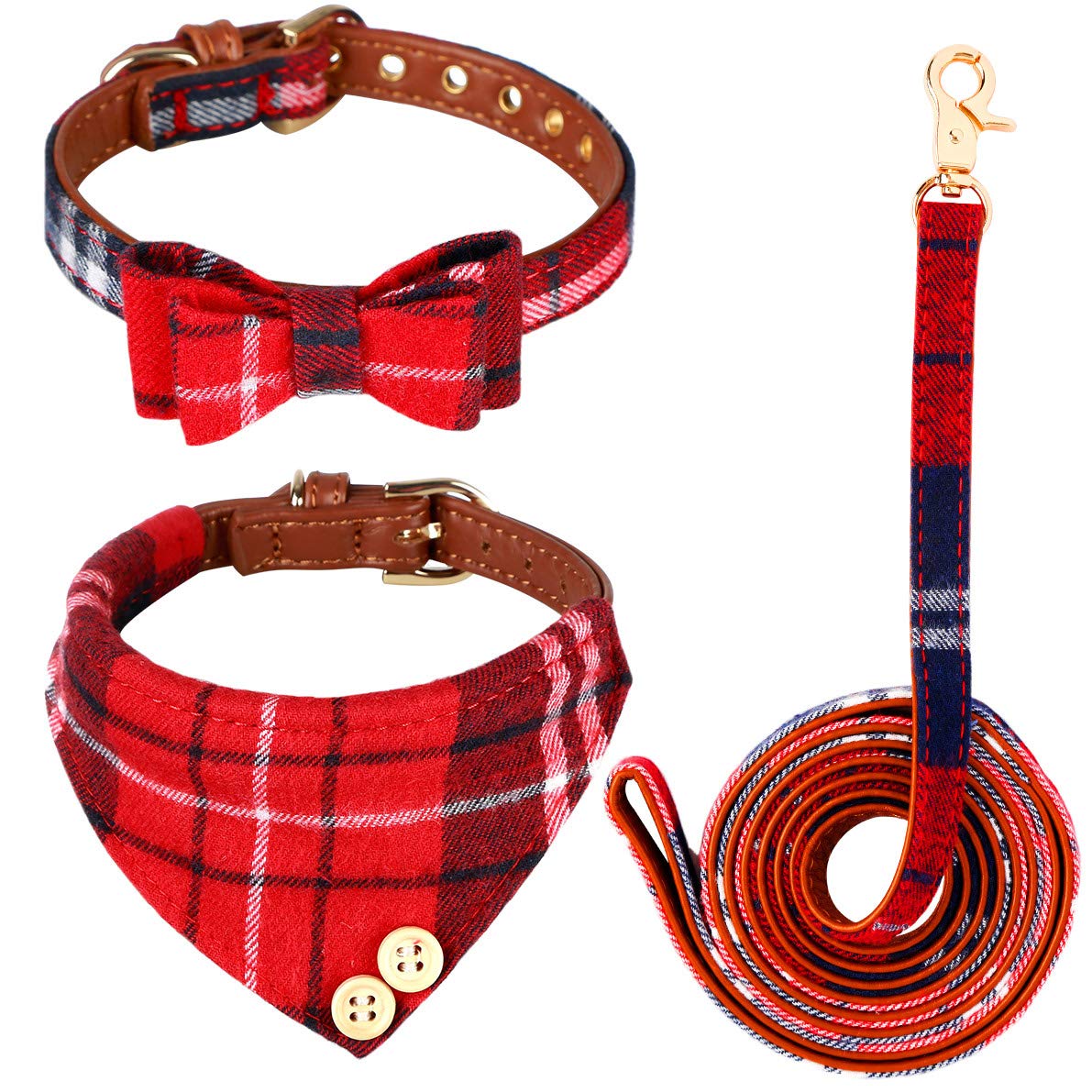 3 Pcs Bow Tie Dog Collar And Leash Set, Adjustable Plaid Dog Bow Tie Collar Set, Puppy Bandana Collar With Bell For Puppies,Small/Medium Dogs And Cats