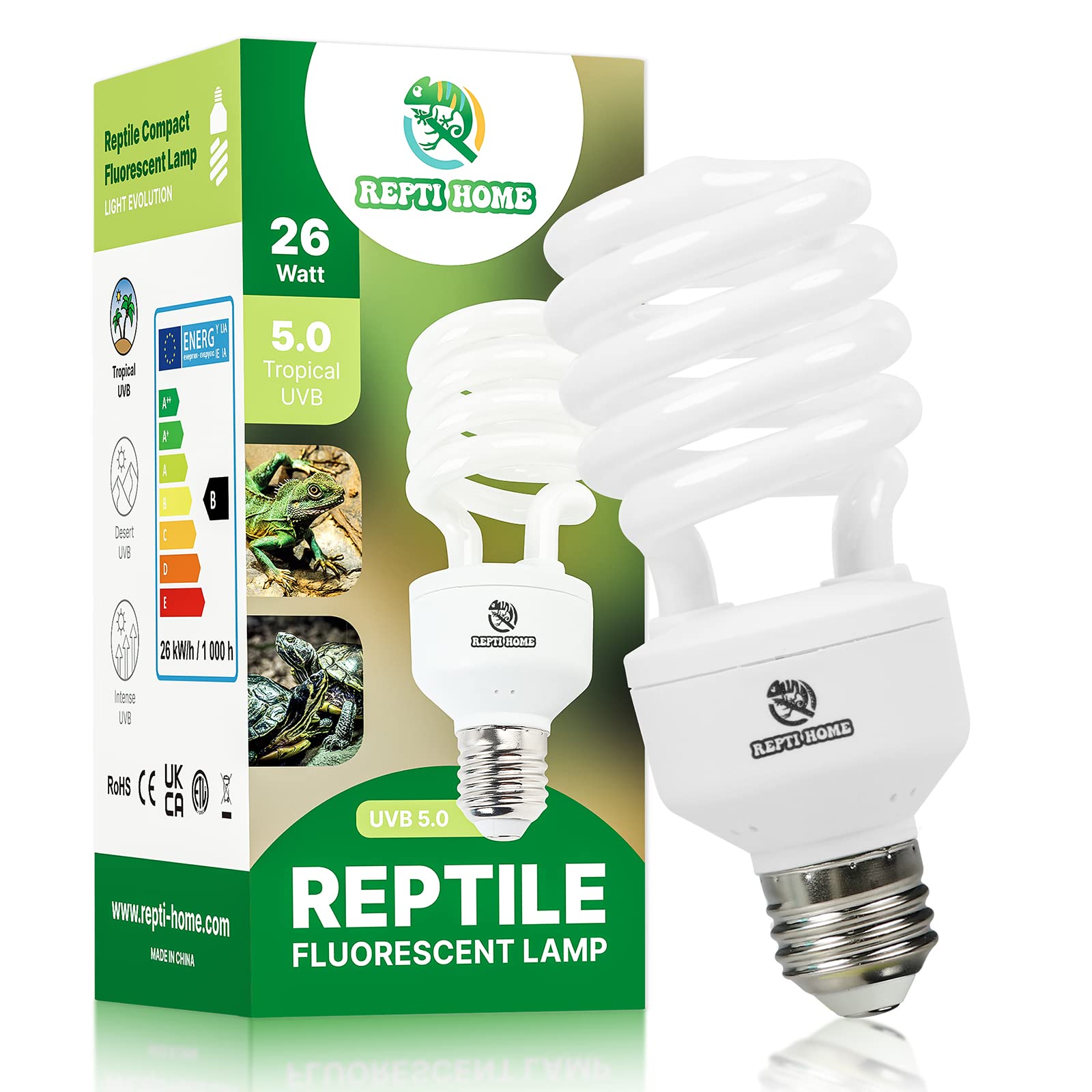 Repti Home Uvb Reptile Light 5.0, 26W Tropical And Sub-Tropical Uva Uvb Bulb For Reptiles, Tropical Terrarium Compact Fluorescent Lamp, Reptile Uvb Light Bulb For Chameleons, Iguanas, And Turtles