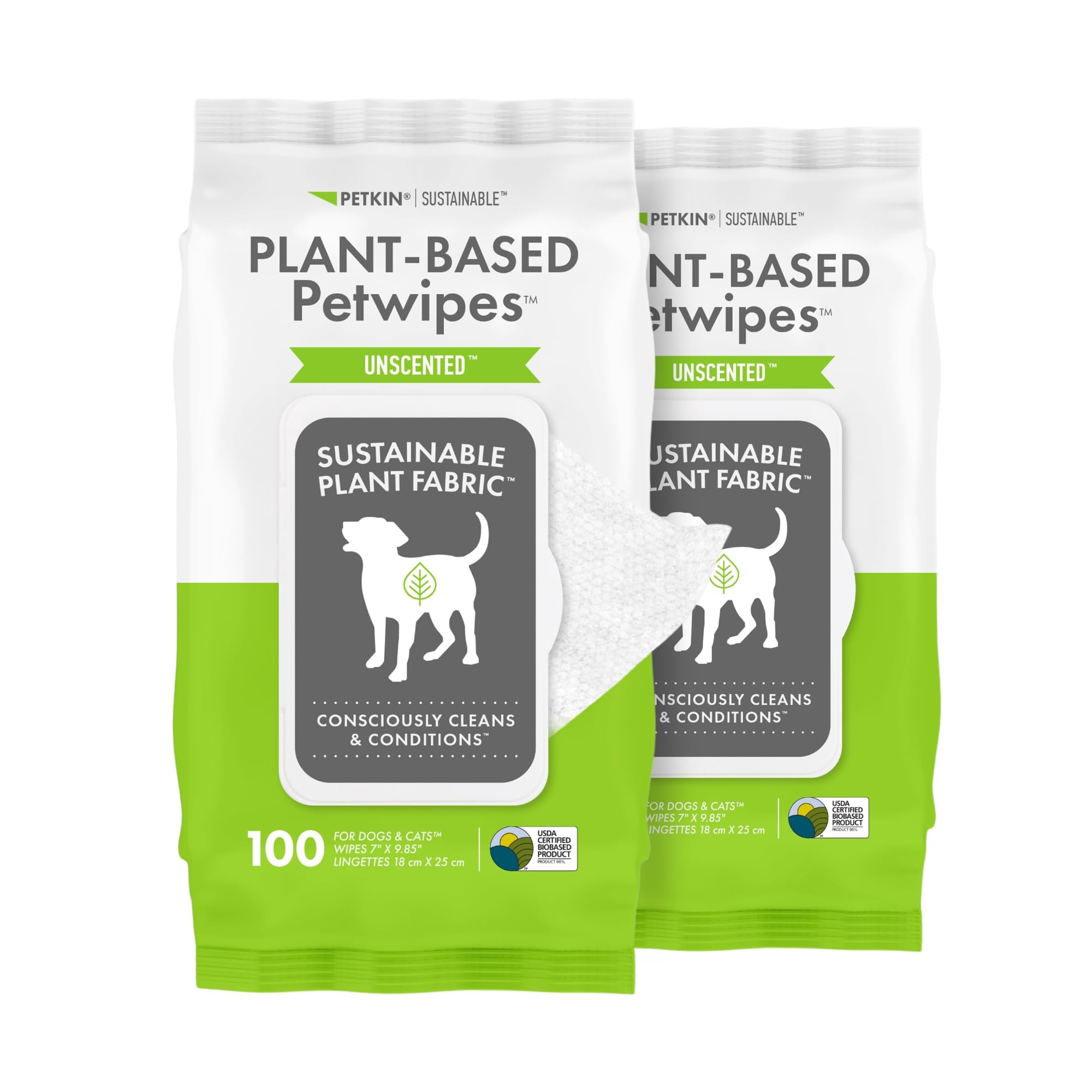 Petkin Plant-Based Petwipes, 100 Wipes, 2 Pack - Biobased, Sustainable, Big & Thick Pet Wipes For Dogs & Cats - For Face, Paws, 