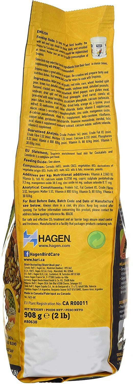 Hari Hagen Tropimix Enrichment Food for Cockatiels & Lovebirds, 2 lb. - HARI Parrot Food with Seeds, Fruit, Nuts, Vegetables, Gr