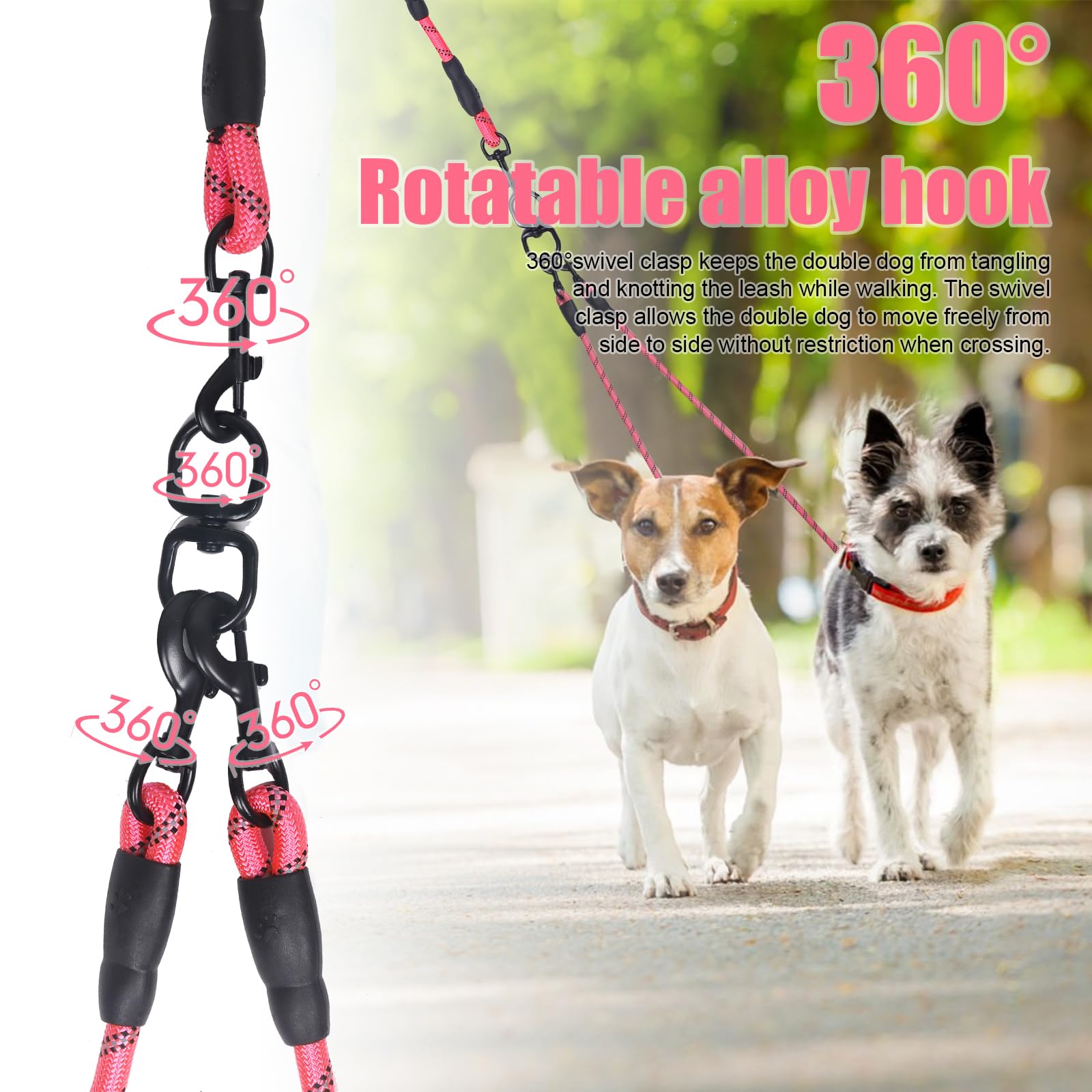 Exceptional 360 Anti-Tangle & No Pull Dual Dog Leash - Double Handle & Reflective For Small & Medium Dogs (Pink, 2 Way)